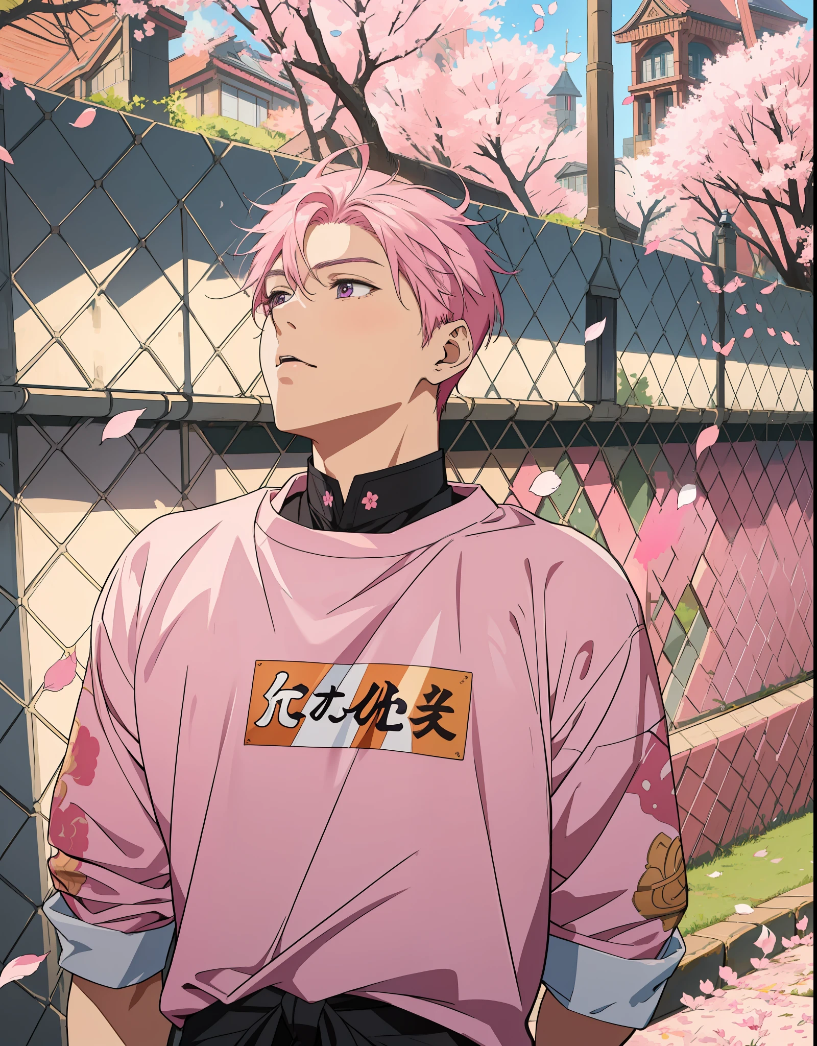 ((Anime style)), ((best quality)), ((masterpiece)), ((HDR+)), (best performance), (best lighting), (a college boy with stylish pink hair), wearing a school uniform, in a [college road background on a Sakura tree falling petals], [Wlop], [Takehino Inoue], [Oh! Great]