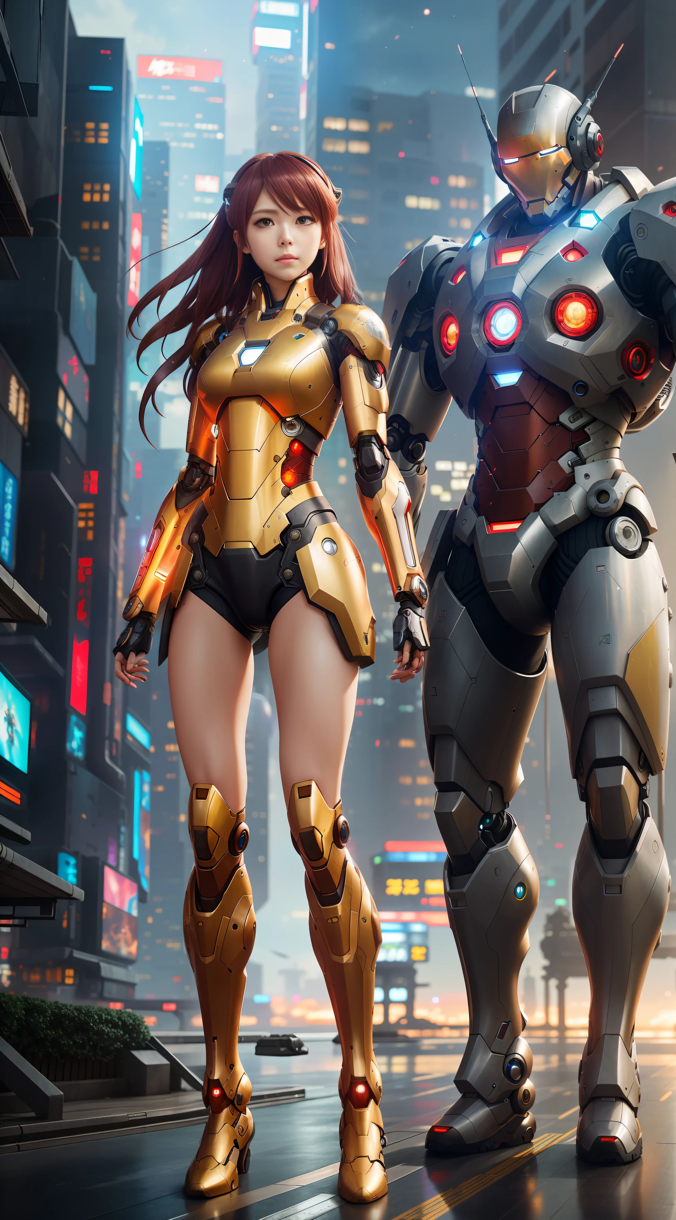 anime characters in a city with a robot and a woman, girl in mecha cyber armor, cyberpunk anime girl mech, cyberpunk iron man, trending on cgstation, cgsociety masterpiece, perfect anime cyborg woman, inspired by Marek Okon, female mecha, cyber suit, diverse cybersuits, mecha suit, digital cyberpunk anime art, cybersuits