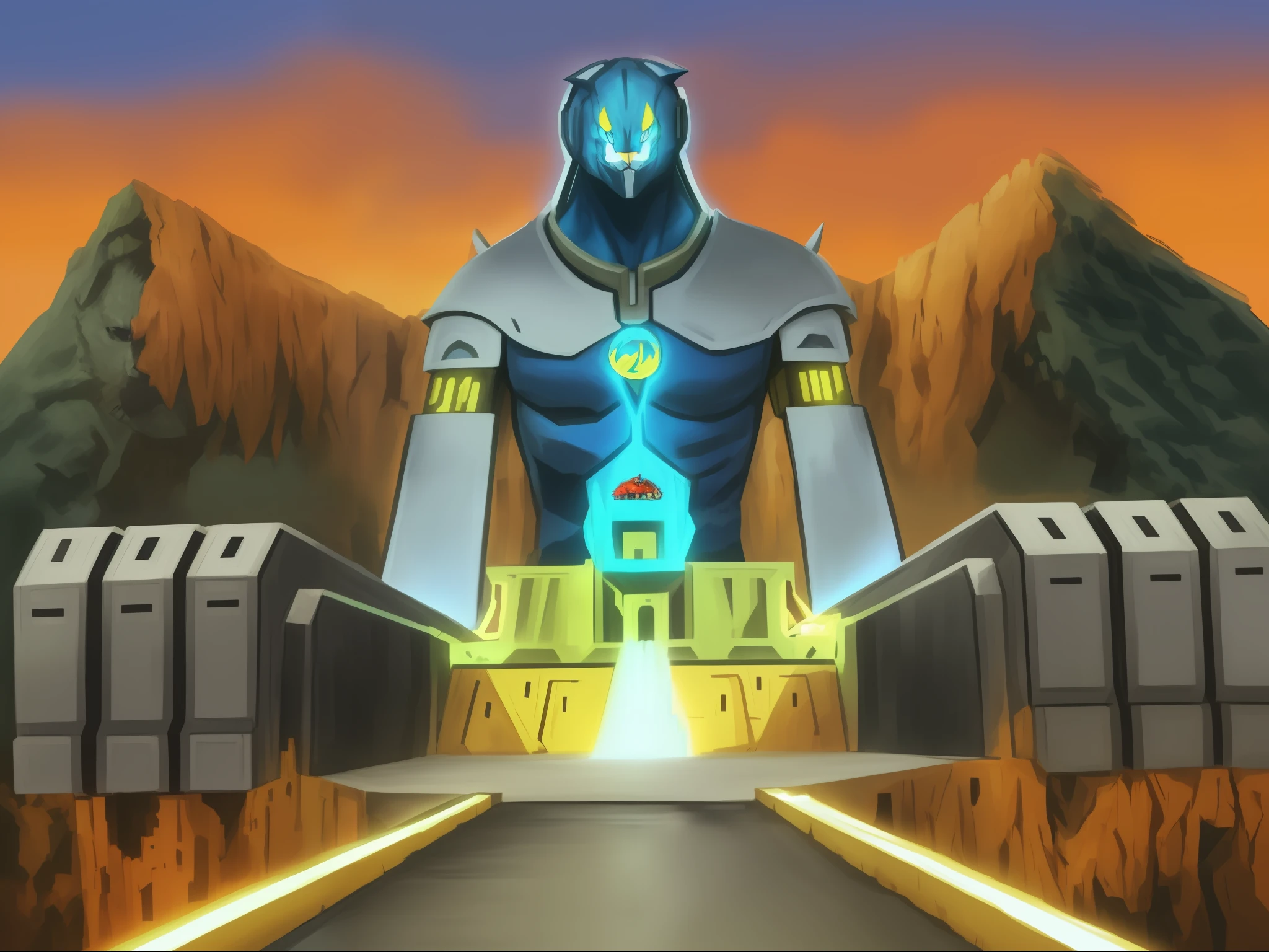 cena (((ultra realista))) from anime of a giant robot(((toca do gato do desenho dos tunder cats))) parado na frente de uma montanha, Guerras de bestas, templo hindu cybertronic, Transformers Guerra das Feras, Ozymandias, Mazinger, go nagai, Deus das Trevas Sente-se no Tron, ele-Homem monta o gato de batalha, thundercats,,32k
