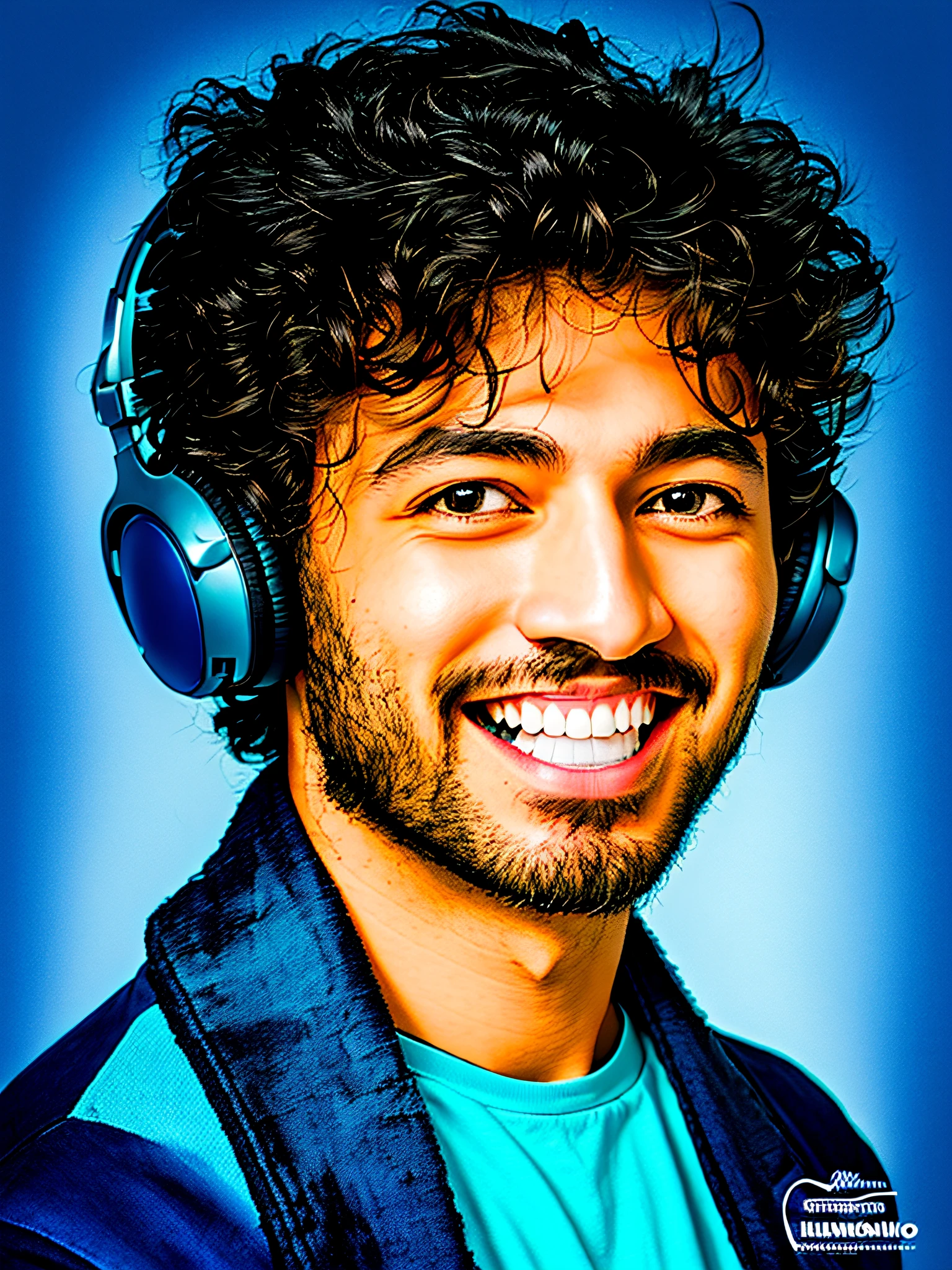 homem sorridente com fones de ouvido e um fundo azul, foto de perfil headshot, Tony Khan usando um fone de ouvido, estilo anime (colorido), estilo baki, anime baki