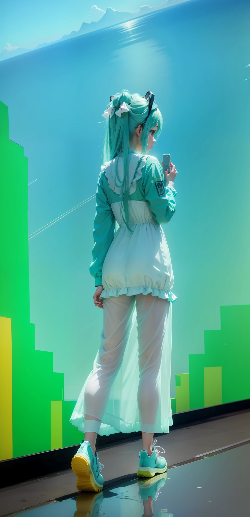 hatsune Miku, beautiful cyan dress, natural scenery background