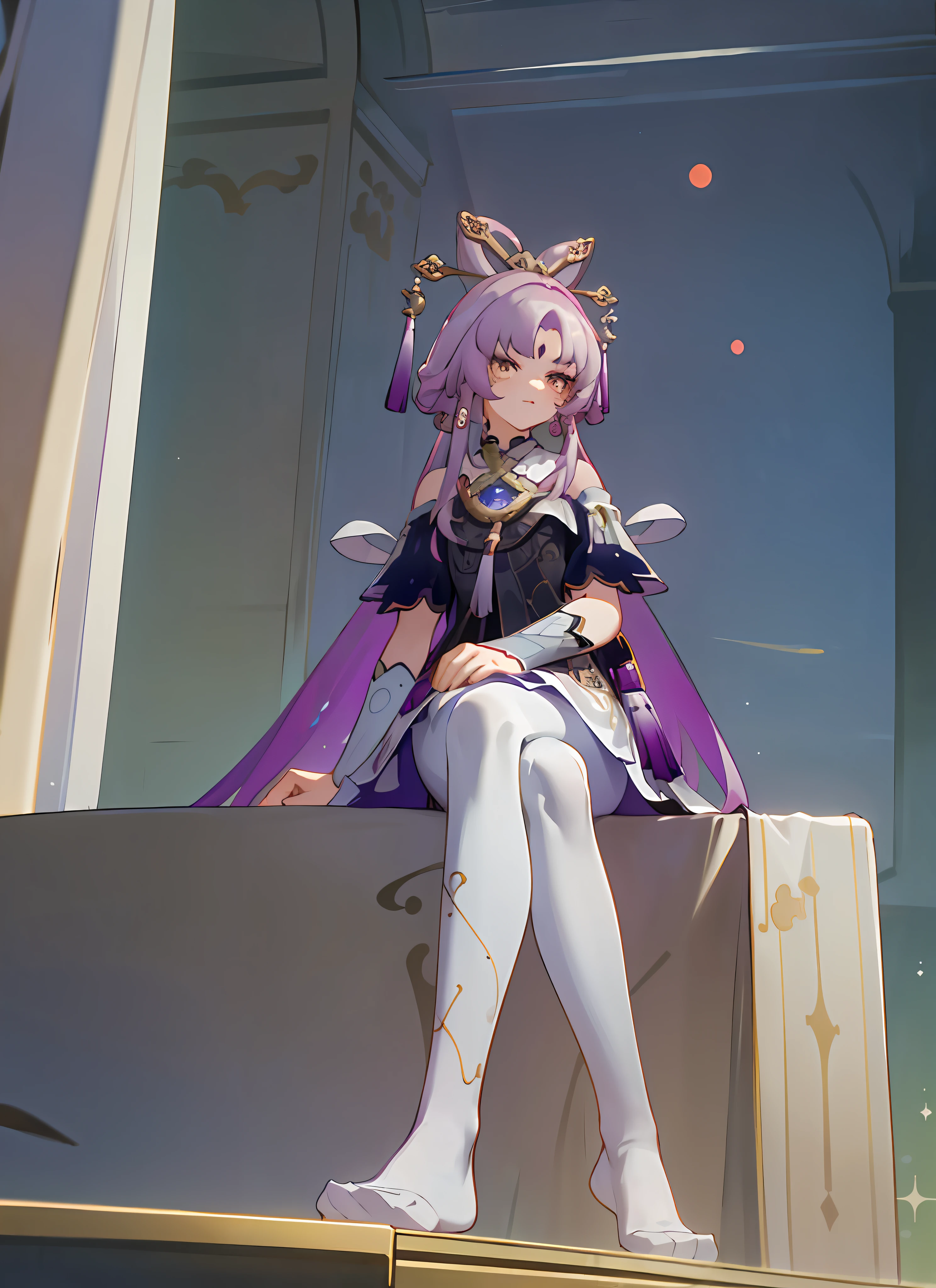 ((masterpiece,best quality)), highres, 1girl, fuxuan, sitting, crossed legs, no shoes, white pantyhose, looking down, from below, indoors,