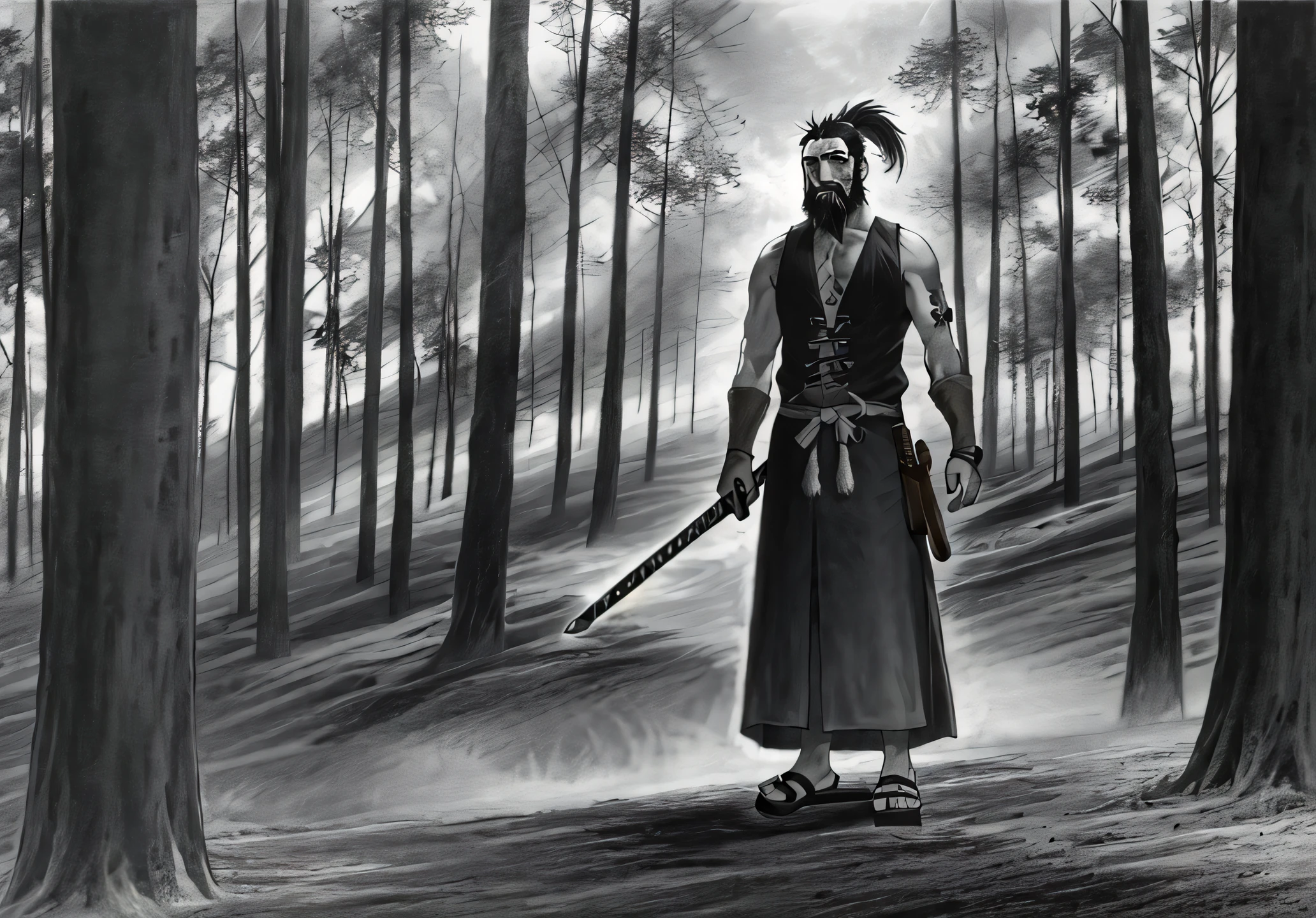 forest expanse, ponytail, scars, (beard), male samurai, (geta shoes), (sleeveless robe), katana holster