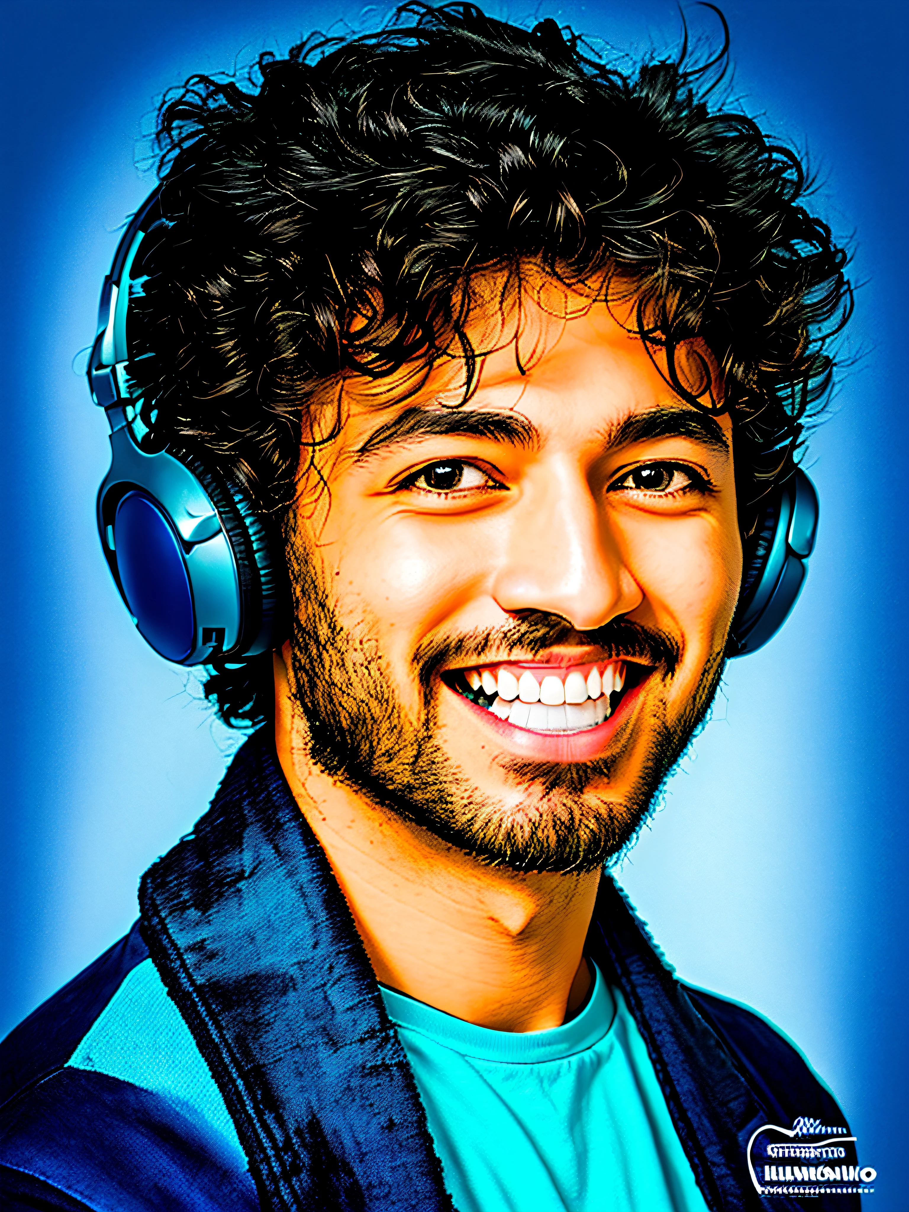 homem sorridente com fones de ouvido e um fundo azul, foto de perfil headshot, Tony Khan usando um fone de ouvido, estilo anime (colorido), estilo baki, anime baki