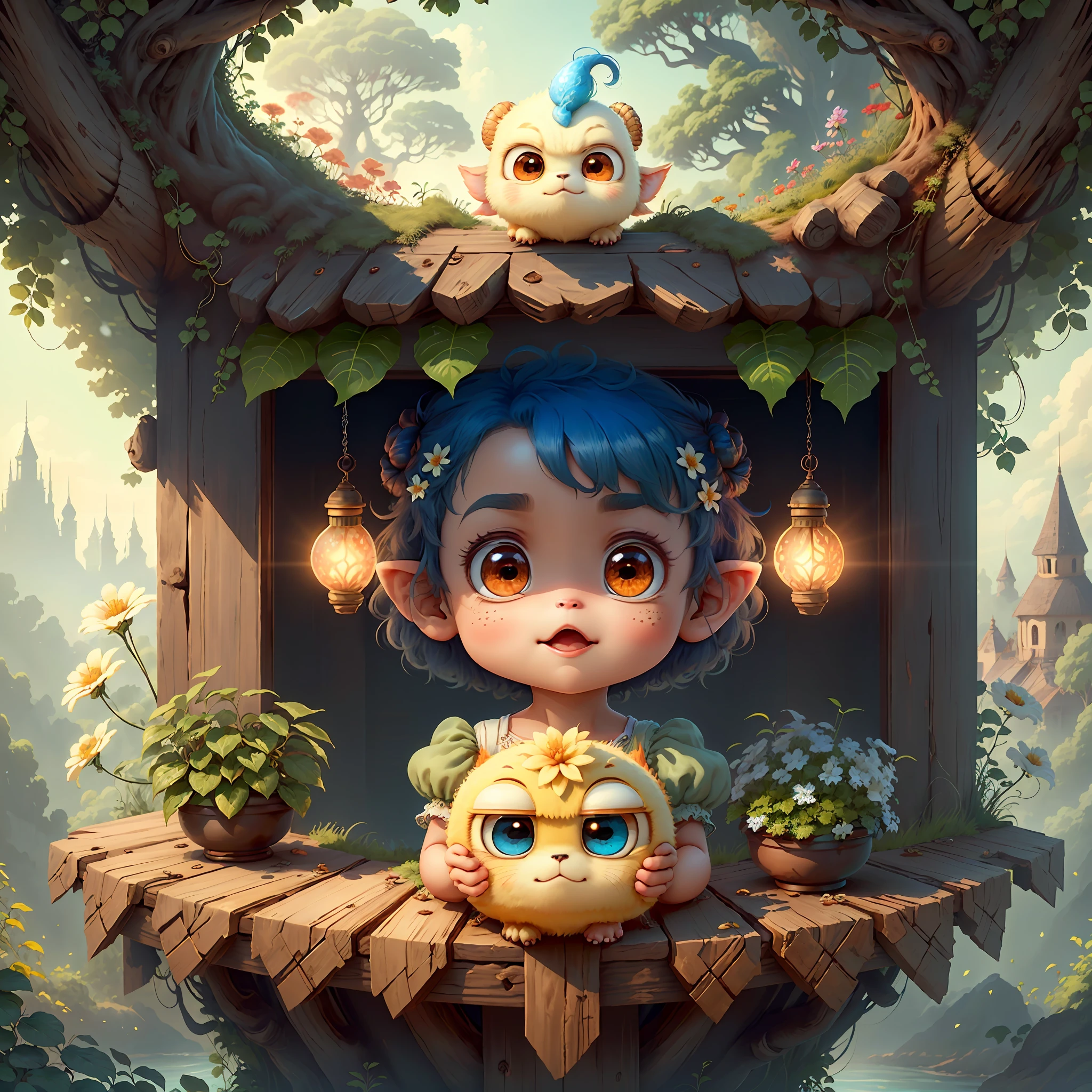 (extremely cute and delicate CG illustration, ultra-detailed and ultra-high quality), best illumination, best shadow, an extremely cute and adorable cu73cre4ture (agama), with big round eyes and a small cute mouth, small horns on its head, vibrant and vivid colors, dynamic angle, dynamic pose, floating, in a magical and enchanting place, with lush vegetation and vibrant flowers.