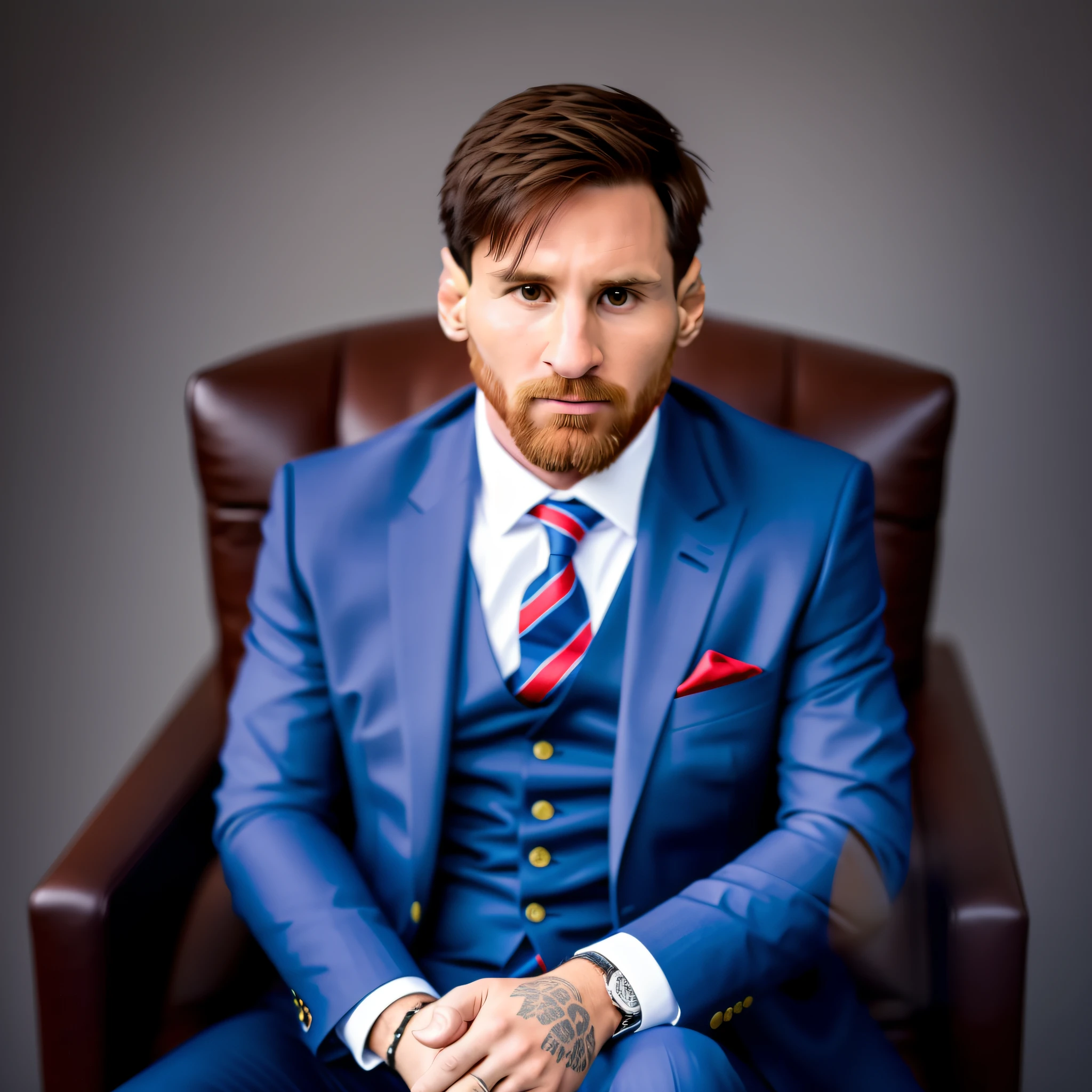 a professional photo of Lionel Messi sitting in an armchair, wearing a suit, staring into the camera, focusing on his face, realistic, dsrl, canon, sony