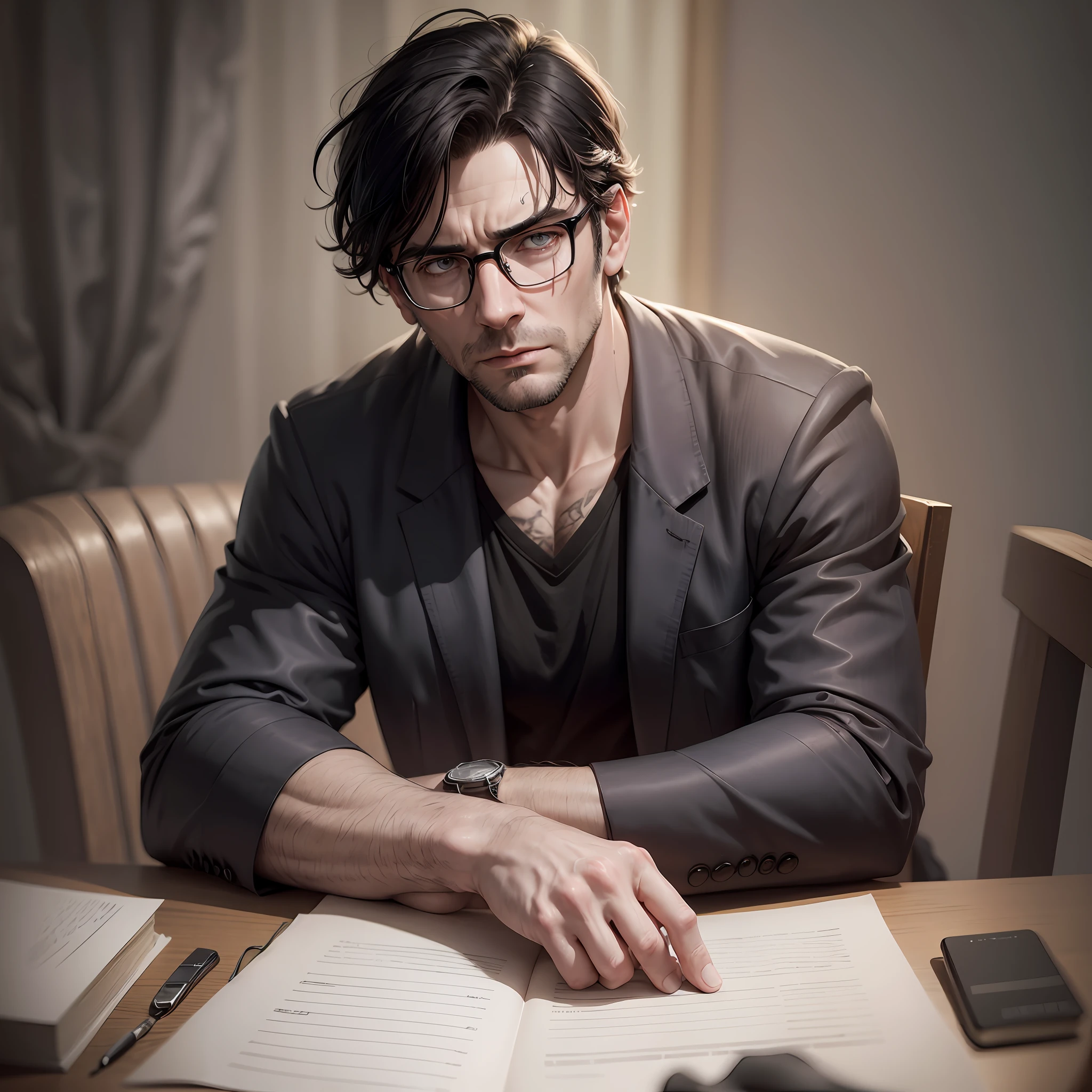 Extremely pale serious and handsome beardless middle age man with glasses and black hair with scars on his face alone on a table