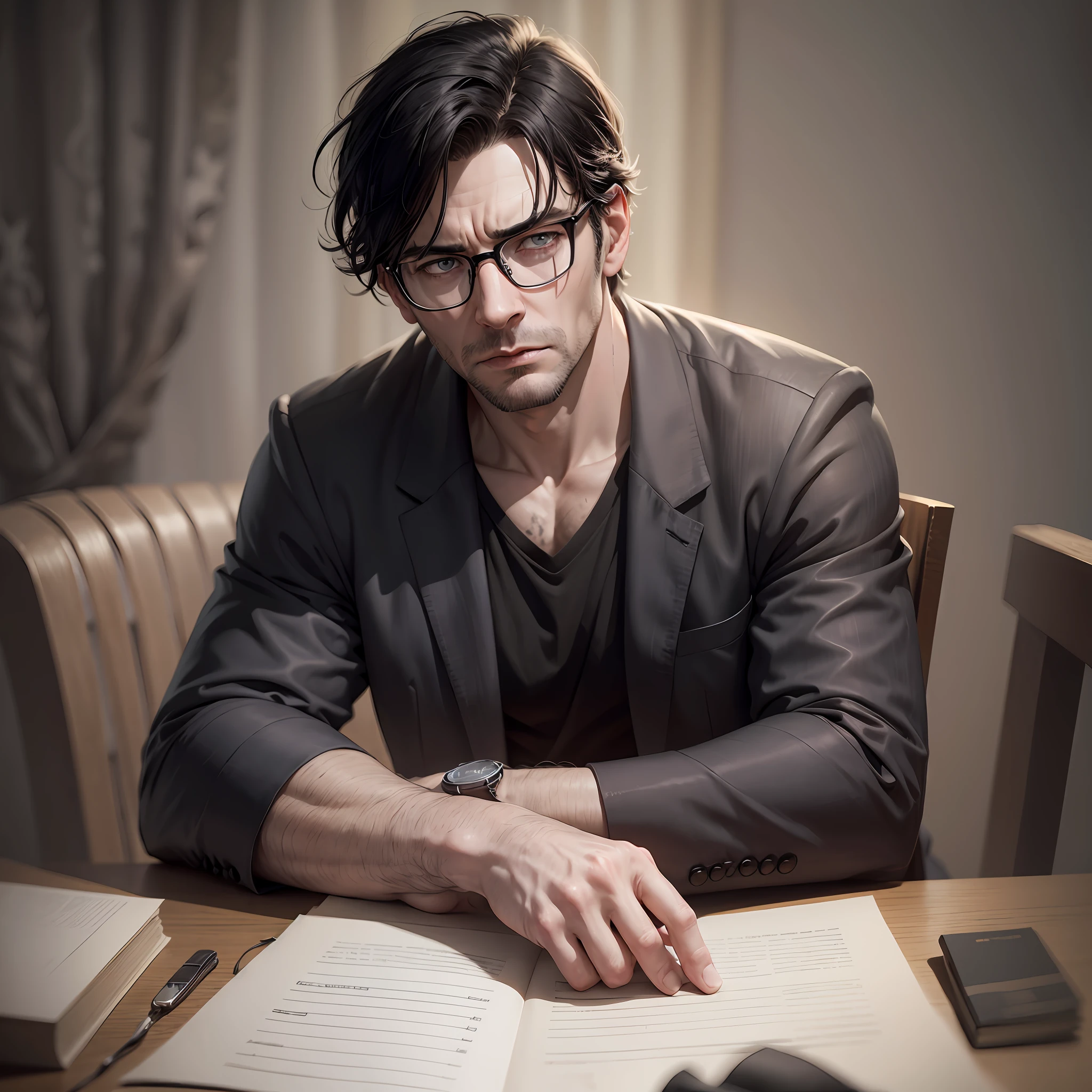 Extremely pale serious and handsome middle age man with glasses and black hair with scars on his face alone on a table