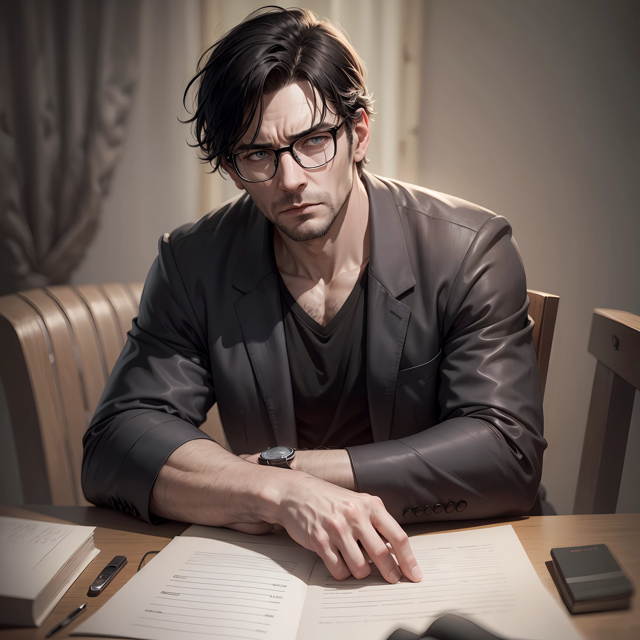 Extremely pale serious and handsome middle age man with glasses and black hair with scars on his face alone on a table