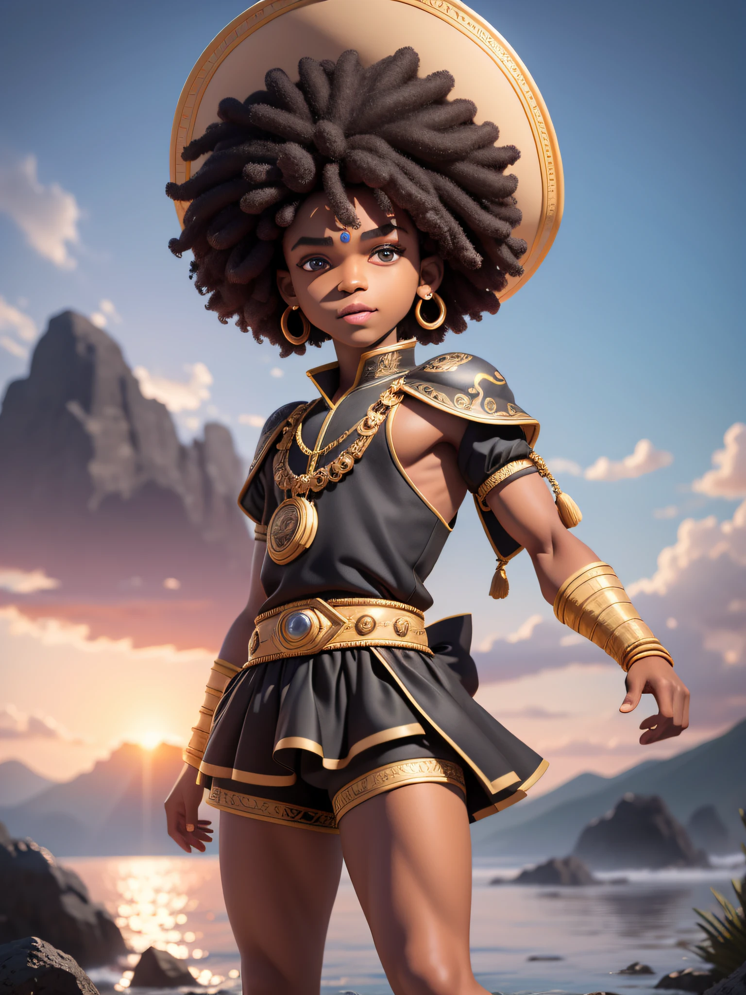 (masterpiece),(best quality),(ultra-detailed), (full body:1.2), black man, male, short hair, teenager, warrior, face painted, fantasy universe, confident, light smile, wearing clothes over the body, outdoors, turban, :3, afro clothes, afro dress, prince, blurry, black hair, brown hair, background abstract, sunset (beautiful detailed face), (beautiful detailed eyes),