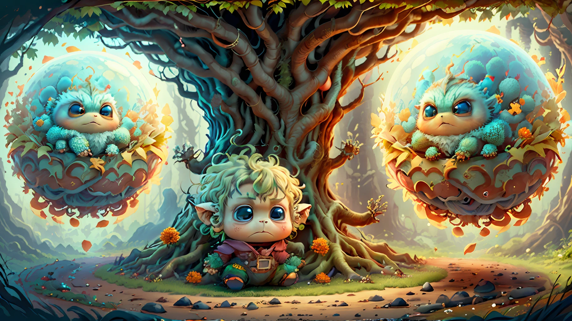 (extremely cute and delicate CG illustration, ultra-detailed and ultra-high quality), best illumination, best shadow, an extremely cute and adorable cu73cre4ture (agama), with big round eyes and a small cute mouth, small horns on its head, vibrant and vivid colors, dynamic angle, dynamic pose, floating, in a magical and enchanting place, with lush vegetation and vibrant flowers.