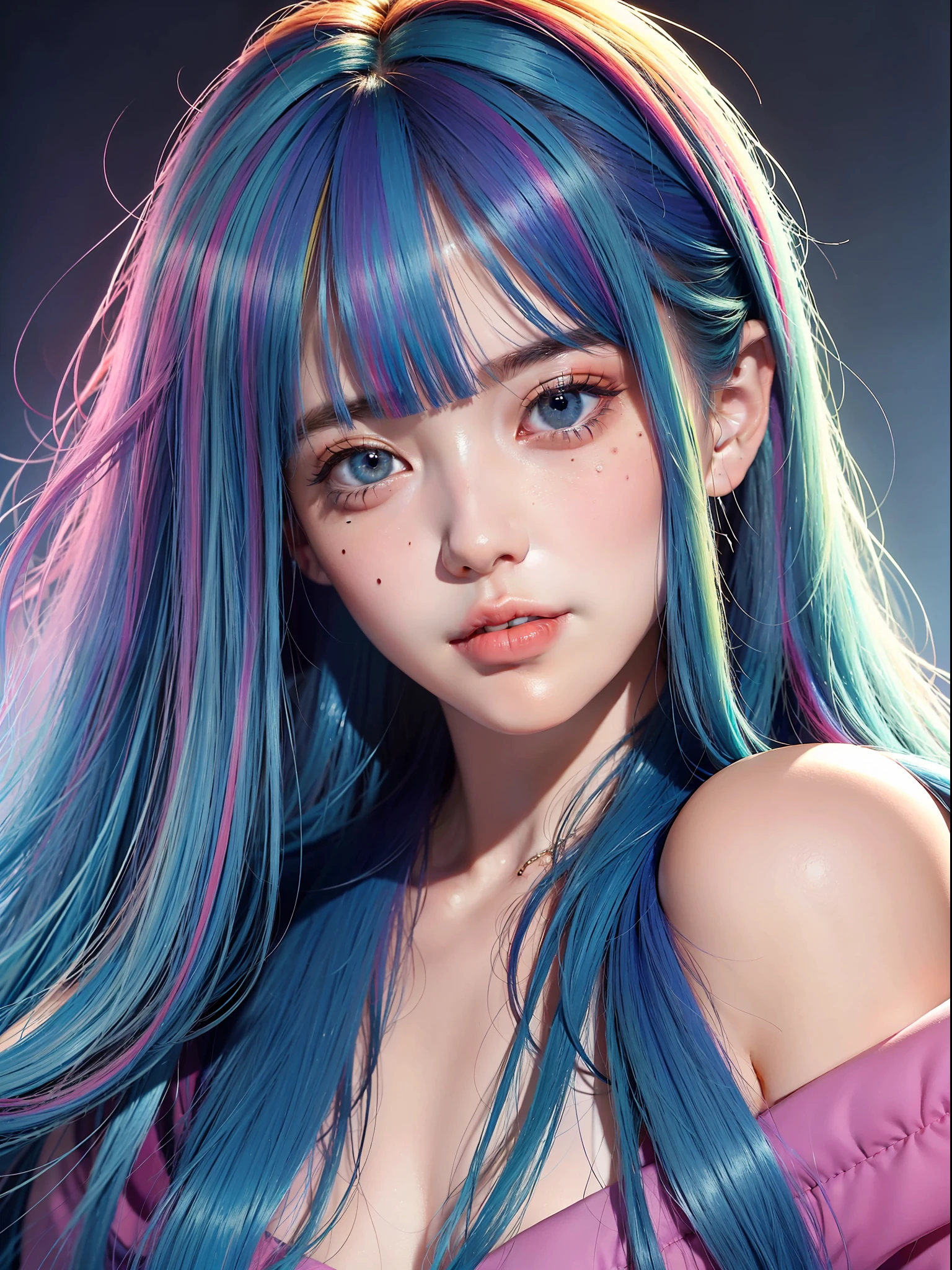 Best quality, masterpiece, super high resolution, multicolored hair, long hair, asymmetrical bangs, moles under the eyes, gradient eyes, eyeballs, shyness, smile, evil, off-the-shoulder, character setting, close-up, surrealism, UHD, award-winning, bust, colourful hair,  blunt bangs, blue eyes