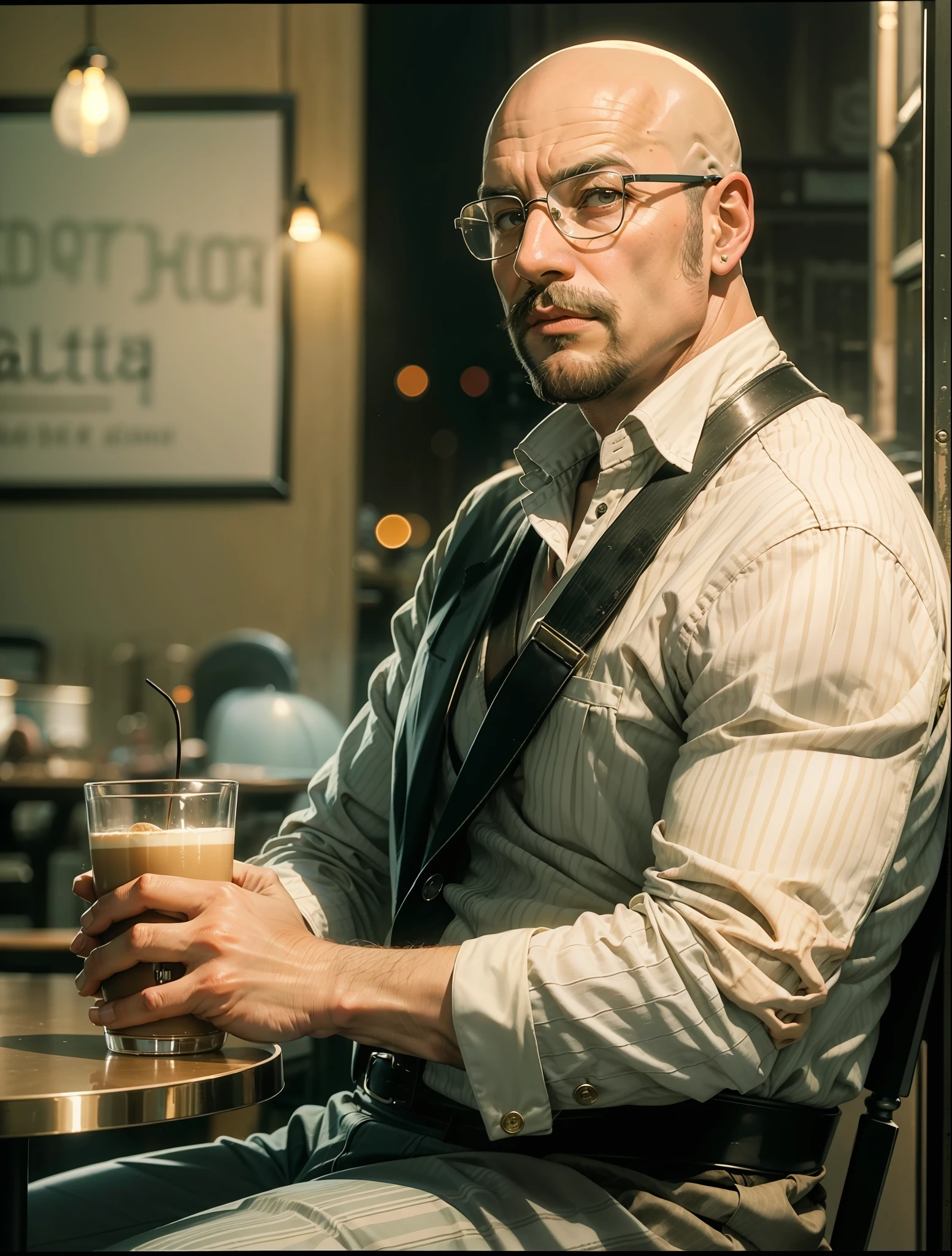 Imagem hiper-1970s realist of a bald man in his 26s sitting in a café in Germany. Ele usa uma roupa elegante, 26 years old with man and coffee in the background. The lighting is soft and natural, highlighting watch details.