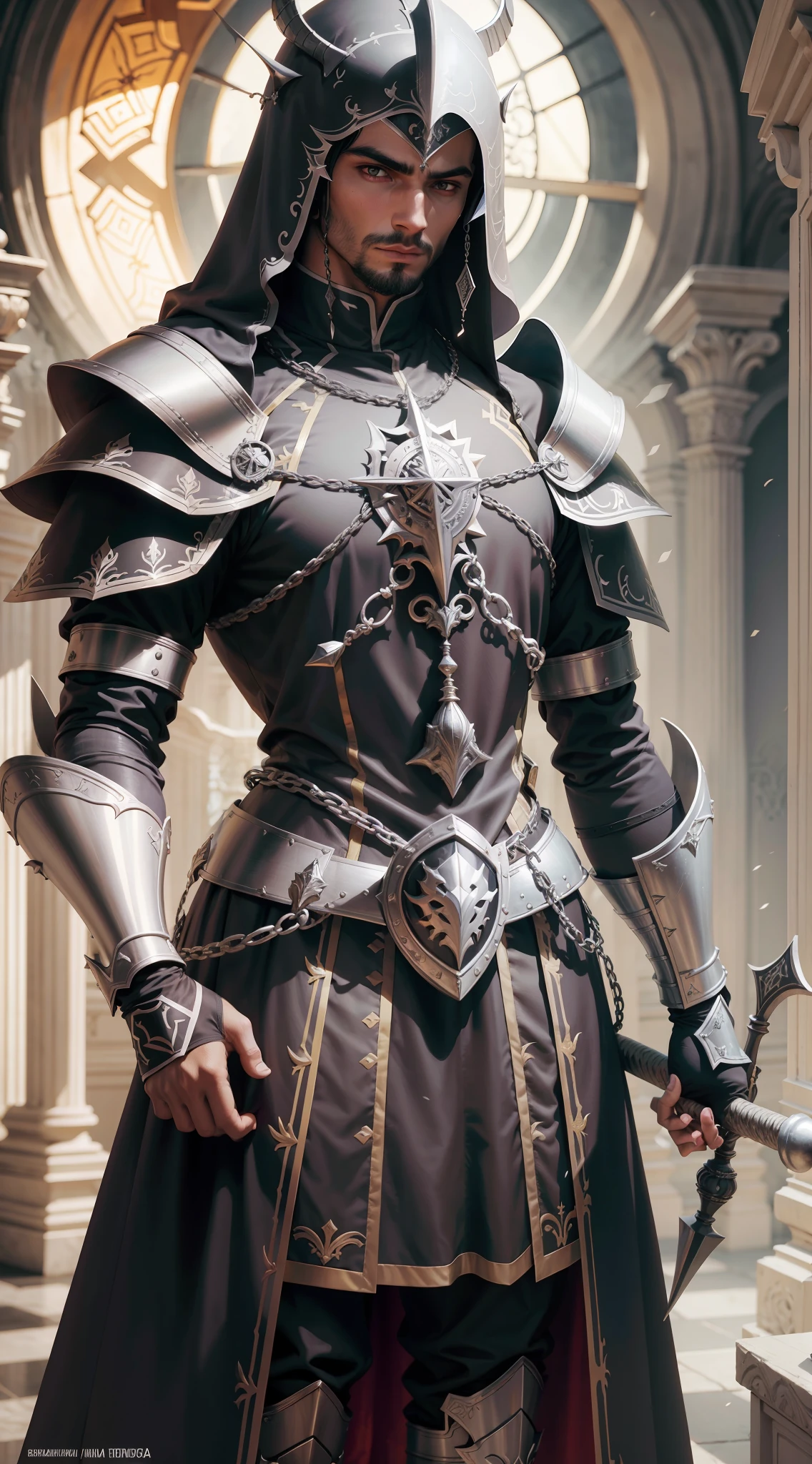 Priest, armadura de couro, preto, adaga, furtivo, Daemons, inimigos, fico no padre, acampamento no fundo, inferno, luz, brilho, hiper realismo, hiper detalhado, 16K, obra prima --auto --s2