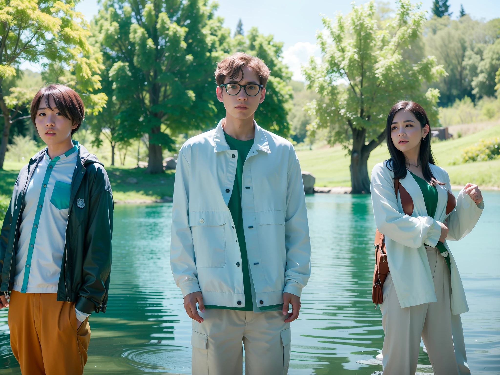 three people standing in a park with a lake in the background, key still, still from a live action movie, promo still, film promotional still, promotional still, photo 1 5 mm, movie promotional image, production still, still from the movie, sunny day, official fanart, uniform off - white sky, promotional picture, promotional movie still, photoshoot, spring day
