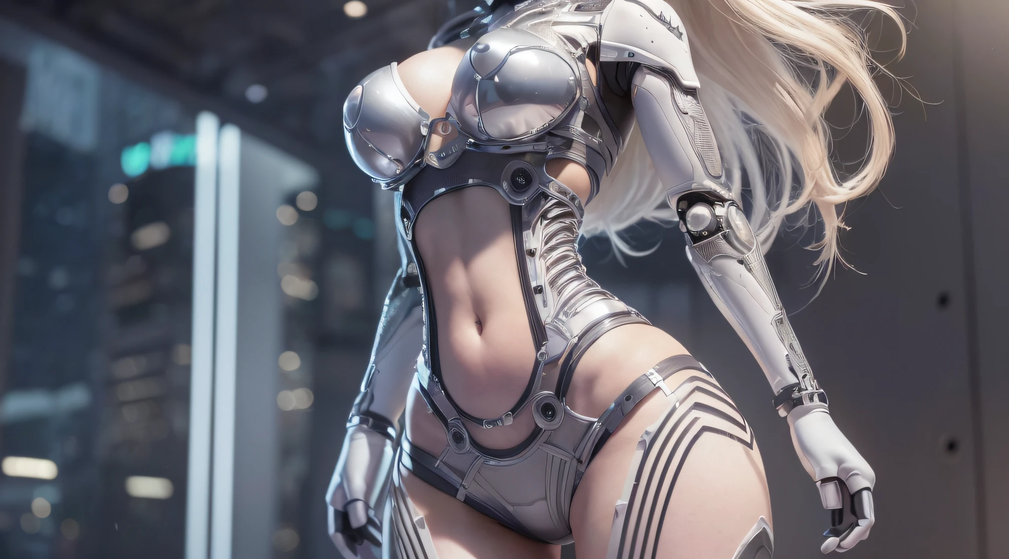 (Ultra HD, Retina Screen, Masterpiece, Accurate, Anatomically Correct, Skin Texture: 0.65, Very Detailed: 1.3, Detailed Face: 1.2, High Detail: 1.2, High Quality, Best Quality, High Resolution, 8k, Wallpaper), (Cyberpunk: 0.9, Surrealism: 0.9, Unbelievably Absurd: 0.5, HR Giger Style: 0.65, Reality: 0.88, Fidelity: 0.7, Realistic: 0.65, Elegance: 0.7, Full Body: 0.4, Ceramic Robot: 1.4, Robot: 1.7, Chip: 1.4, Cable: 1.4, Lace: 0.65, Facial Muscle: 0.8, Octane Rendering: 0.35, Mechanical Joint: 2.1, Robotic Arm: 1.2, Mechanical Thigh: 1.2), (Person, Women: 1.2, Perfect Body: 0.8, Big Breasts: 1.65, Blonde Hair: 0.6, Asian Women: 0.65, Idol Star: 0.67, Medium Long Hair, Long Legs: 0.85, Long Calves: 0.85, Thin Waist: 0.8, Thin Thighs: 0.8), (33mm, Cowboy Shot, Panorama), (Seductive, Awake)