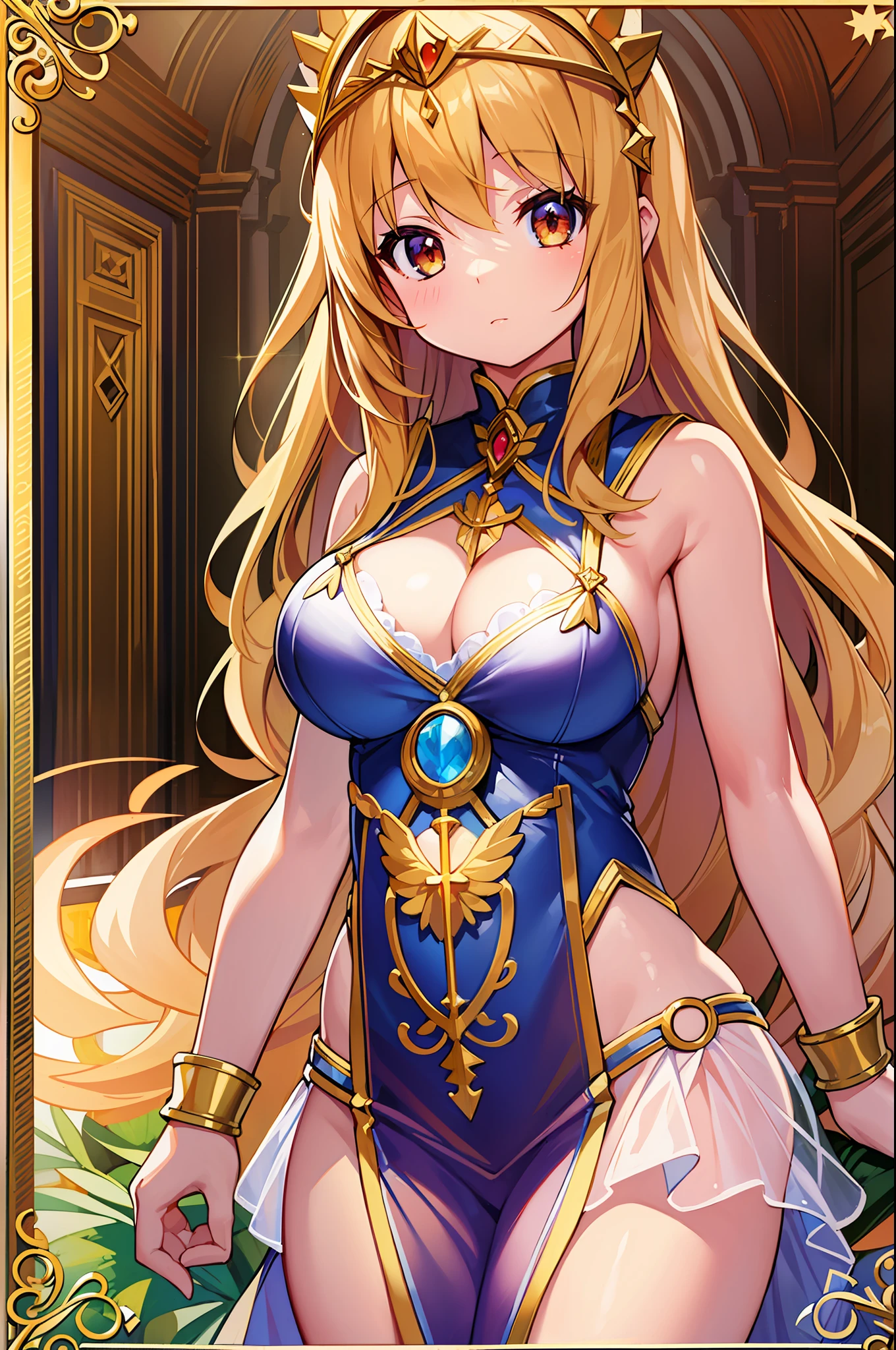 (MASTERPIECE)、(maximum quality)、(Super Detailed)、Official art、One Little Girl、Golden Hair Lori、Angel of Light Dress、sleeveless、seethrough、small breasts、modest chest、Breast cleavage、Thigh Focus、Card Illustration、brilliance