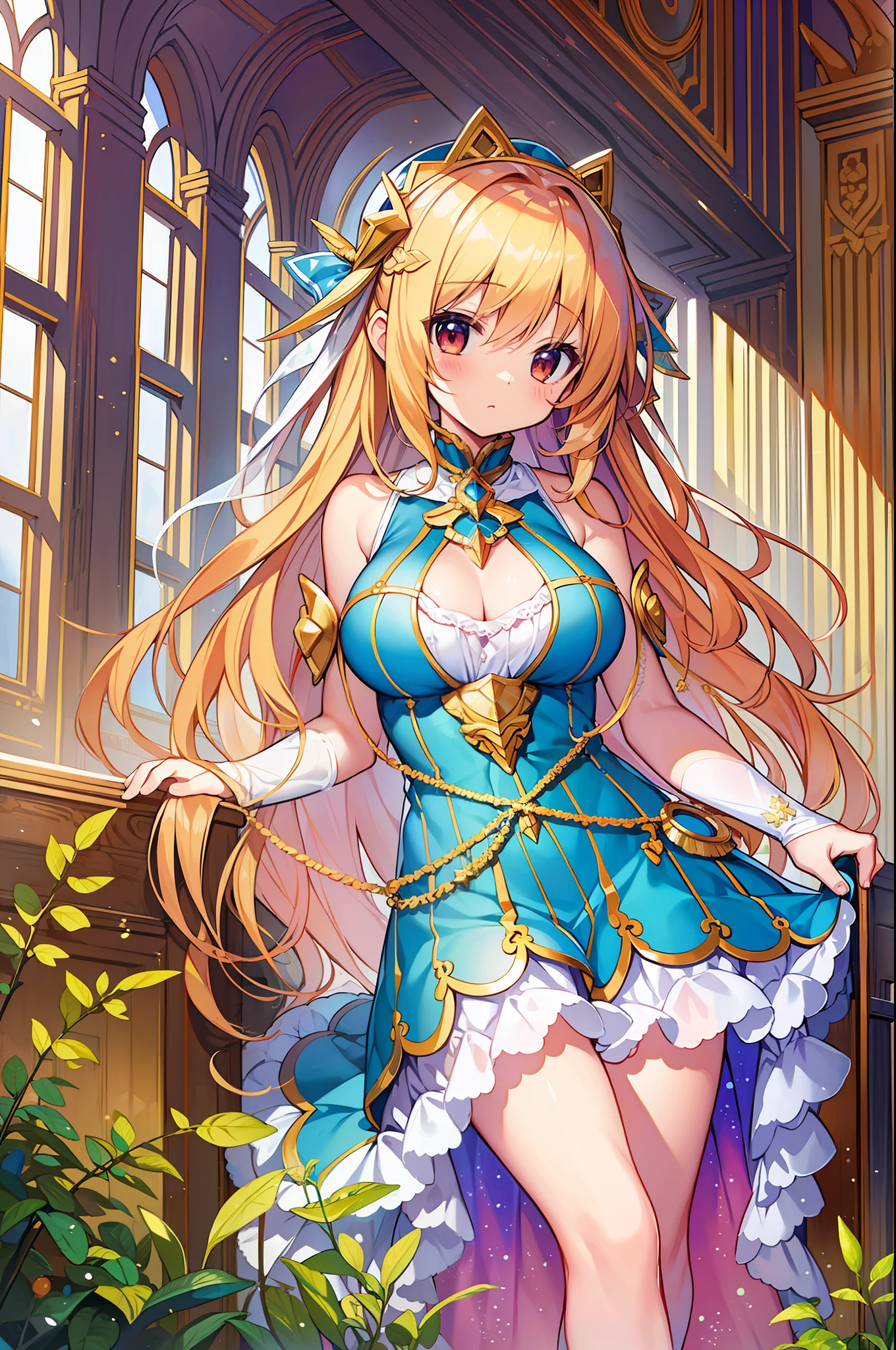 (MASTERPIECE)、(maximum quality)、(Super Detailed)、Official art、One Little Girl、Golden Hair Lori、Angel of Light Dress、sleeveless、seethrough、small breasts、modest chest、Breast cleavage、Thigh Focus、Card Illustration、brilliance
