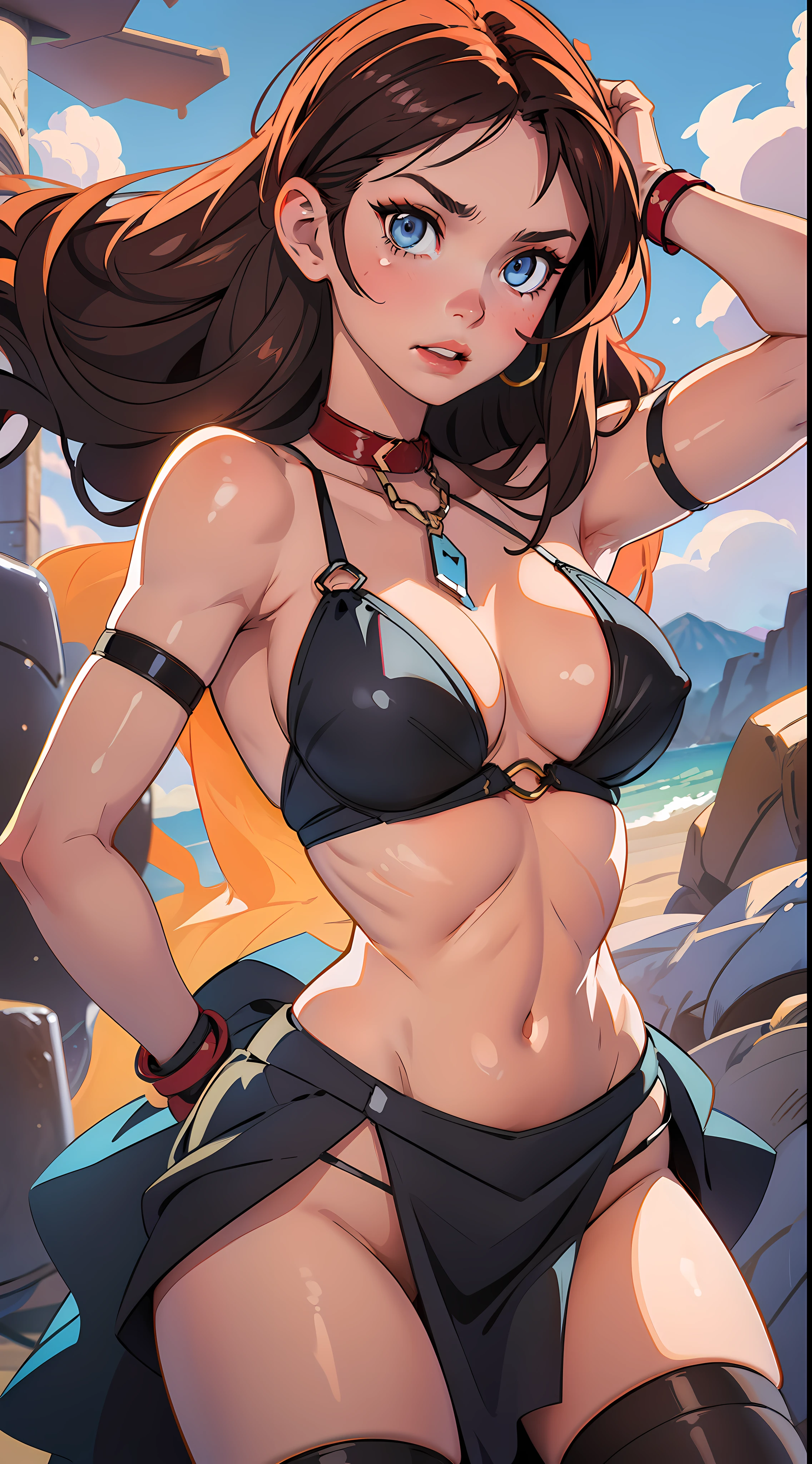 1 girl, action pose, lewd face, sexy, cleavage, brown hair, brunette, blue eyes, collar, black bikini, black skirt, black panties, black bra, thigh highs, short sleeves, armpits, large breasts, wide hips, thick thighs, muscles, abs, no teeth, beautiful face, realistic, ray traced, beautiful eyes, red lipstick, desert, sand, night, stars, moon, clouds