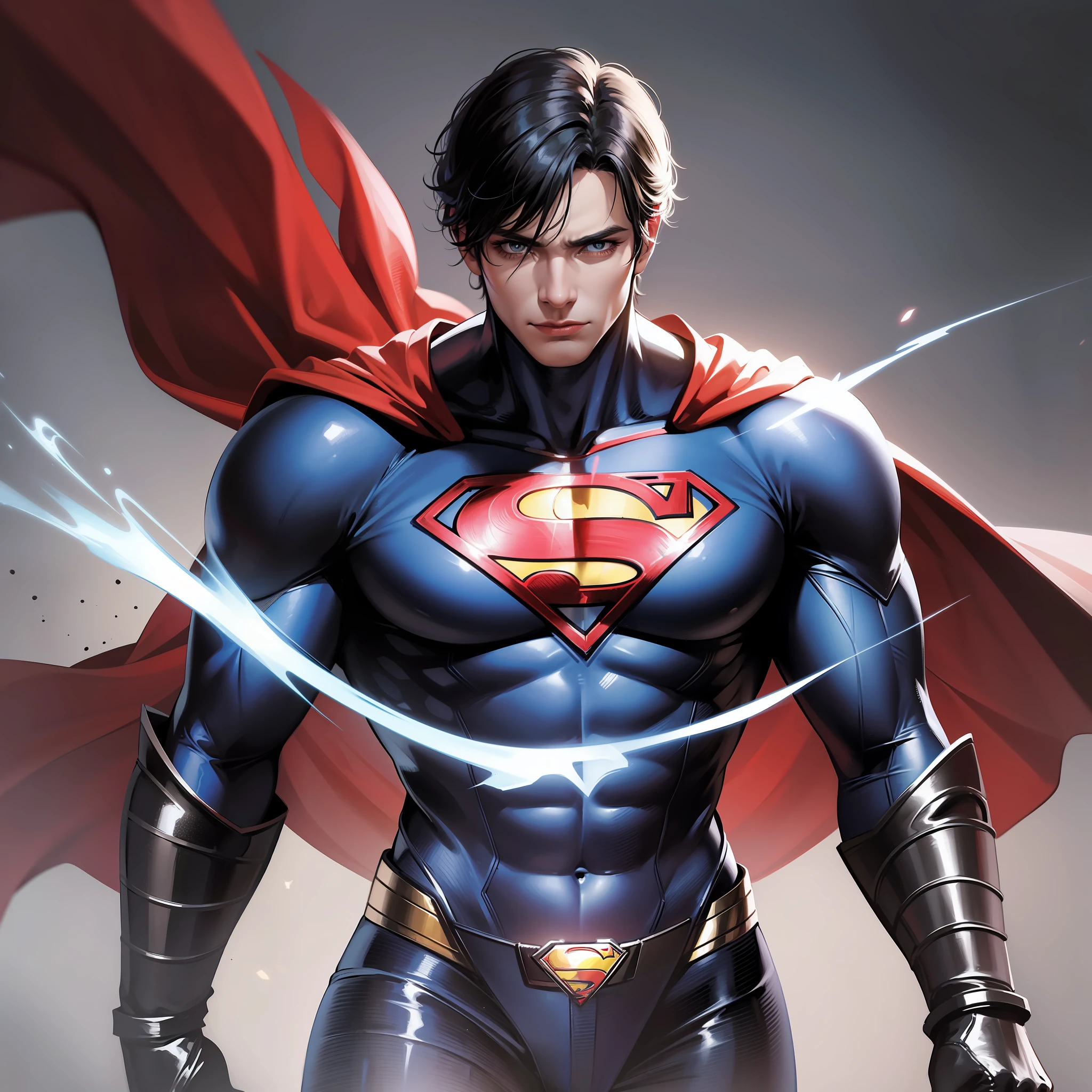 create a realistic picture of a new version of Superman. This Superman must be completely different from any version that has ever existed. Sua roupa deve ser preta, keeping the same iconic details as the original Superman outfit, as the symbol 'S' no peito e a capa. No entanto, este Superman deve ter um ar mais sombrio, semelhante ao Batman. It should exude an aura of mystery and seriousness, with a facial expression that suggests a more complex and dark story. Por favor, make the image convey the feeling that this Superman, though still a hero, is dealing with deeper, darker challenges. --auto --s2