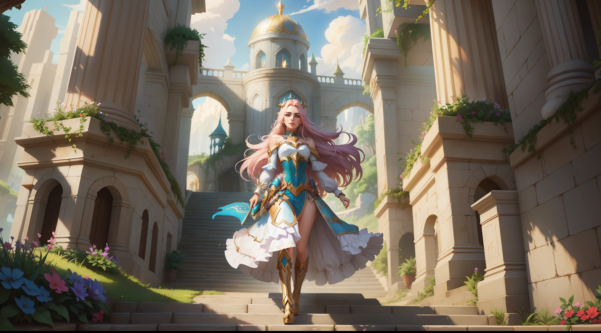 Imagem de uma mulher com um vestido branco descendo um conjunto de escadas, cushart krenz arte chave feminina, Jaina Proudmoore, Artgerm Julie Bell Beeple, Lux de League of Legends, Aly Fell e Artgerm, Artgerm e Atey Ghailan, arte do jogo de cartas de fantasia, epic fantasty card game art