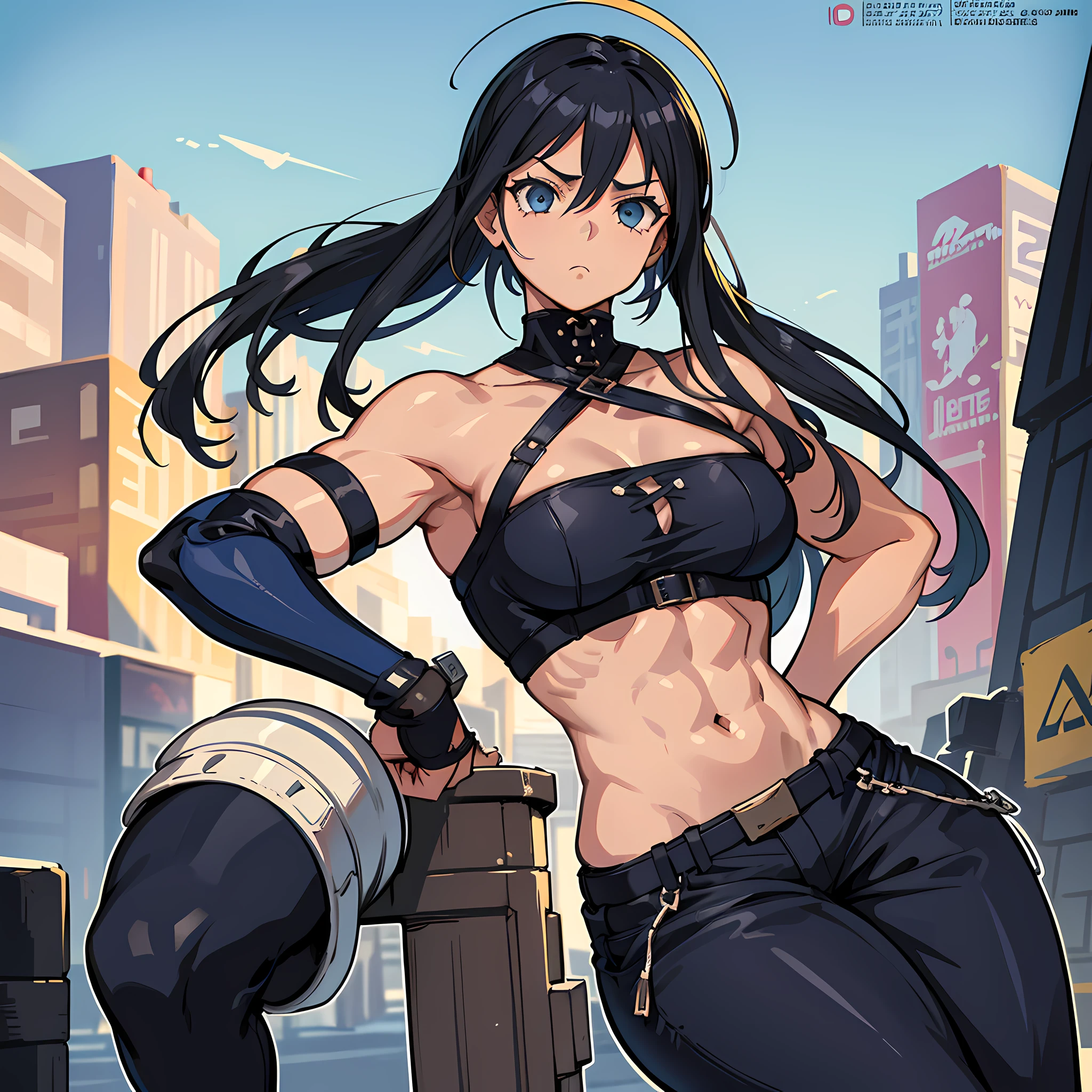 estilo corpo todo, combinando o estilo Guilty Gear -Lutar- with the artistic influence of Yusuke Murata, biquni sexy | | | | | |, staring into the camera, Pose do modelo, corpo sexy, model sheet da mesma personagem, 4 angles, em estilo yusuke murata, 4k, cheio de detalhes, mesmo modelo de folha, um jovem de , com uma altura imponente de 1,85 metros. His skin is white and his eyes are striking, profundos e pretos, conveying a fierce determination. His body is athletic and well-definido, with sculpted and trained muscles. Every anatomical detail is carefully represented, providing a sense of realism and strength. Ele veste uma camisa preta com detalhes em azul, short sleeves that go up to your shoulders and a collar that covers your neck. A gola tem um detalhe em "Em", adicionando um toque estiloso ao seu visual. His pants are a greyish blue hue, complementando a camisa. Ele usa botas detalhadas na cor preta, with blue laces, que adicionam um contraste interessante ao seu traje. A workout band is tied around your waist. Her hair is black as night and falls down to her shoulders, com movimento ao vento, Adding dynamism to the scene. Seu rosto expressa seriedade e desafio, conveying a ruthless determination. Ele usa luvas pretas com detalhes dourados, highlighting your strong and powerful fists. Your muscles are well defined and trained, displaying your strength and physical ability. A capa retrata o protagonista em uma pose frontal, looking straight into camera, intensifying its imposing and challenging presence. The bustling city in the background conveys the feeling of life and energy, com cores mais fortes em estilo Mappa. The muscular details of your arms are emphasized, further highlighting their strength and endurance. The cover is created in 4K high definition, Permitir