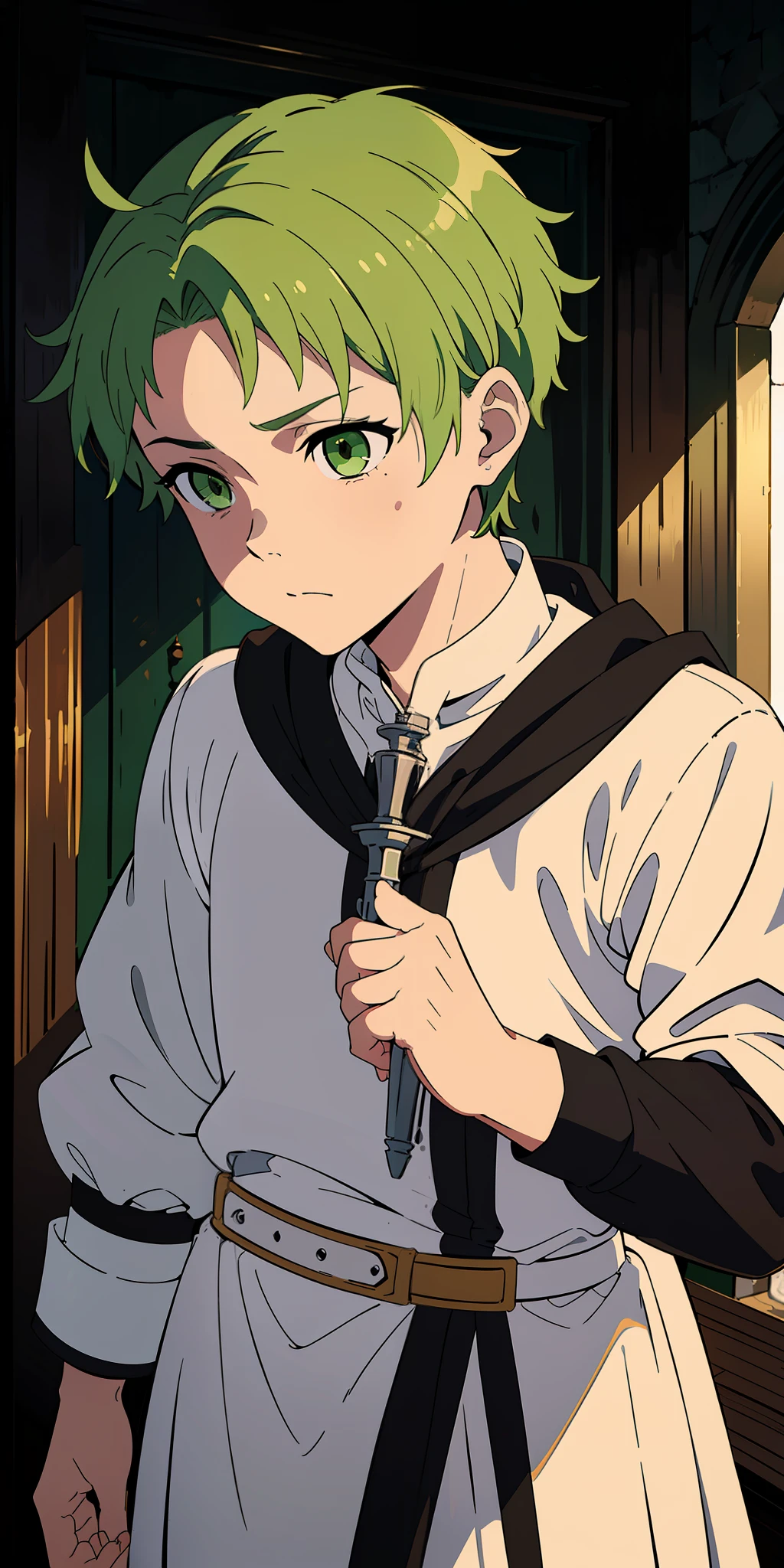 (masterpiece: 1.2, best quality), (beautiful finely detailed eyes: 1.2), (extremely detailed CG unit 8k wallpaper, masterpiece, best quality, ultra-detailed, best shadow), (detailed background), (beautiful detailed face, beautiful detailed eyes), High contrast, (best lighting, an extremely delicate and beautiful), solo, 1boy, dynamic angle, beautiful detailed brightness, full body, 15 year old boy, white skin, green hair, spiky short hair, green eye, medieval clothing, archer, horizontal cicratriz on nose, solo