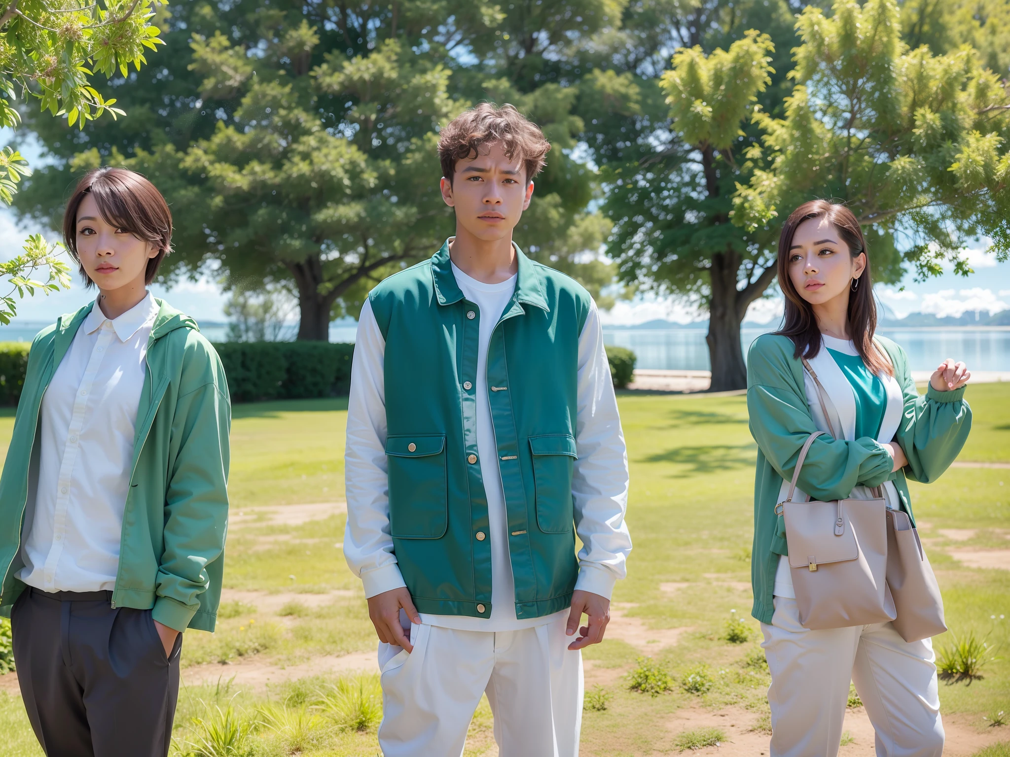 three people standing in a park with a lake in the background, key still, still from a live action movie, promo still, film promotional still, promotional still, photo 1 5 mm, movie promotional image, production still, still from the movie, sunny day, official fanart, uniform off - white sky, promotional picture, promotional movie still, photoshoot, spring day