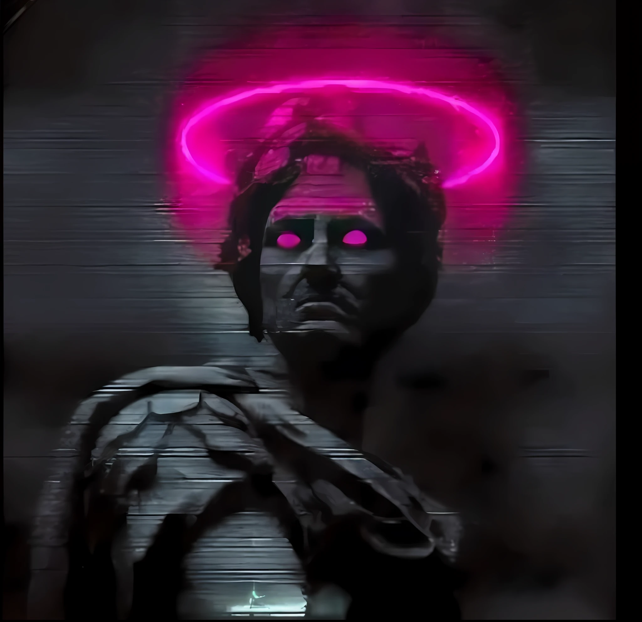 a close up of a man with a halo on his head, neon romano, macho com halo, retrato antigo do monstro do neon, the angel of death with a halo, glowing halo above his head, Cyberpunk Jesus Cristo, Um retrato de @hipnose_Onc, neon version of style jim burns, NPC com um santo'halo s, NPC com um santo\'halo s