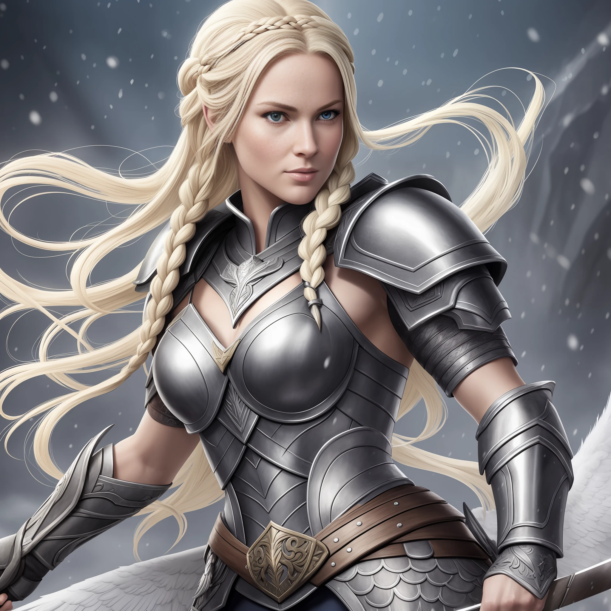 (masterpiece),realistic 35 year old woman, A beautiful, beautiful, perfect, athletic Nordic warrior goddess Valkyrie, platinum blonde with braids, snow white skin, with Viking sword and armour, shrouded in a glowing spiritual light, with a serious countenance, perfect anatomy, 8k resolution, human hands, curiously complete, close to perfection, highly detailed. --auto --s2