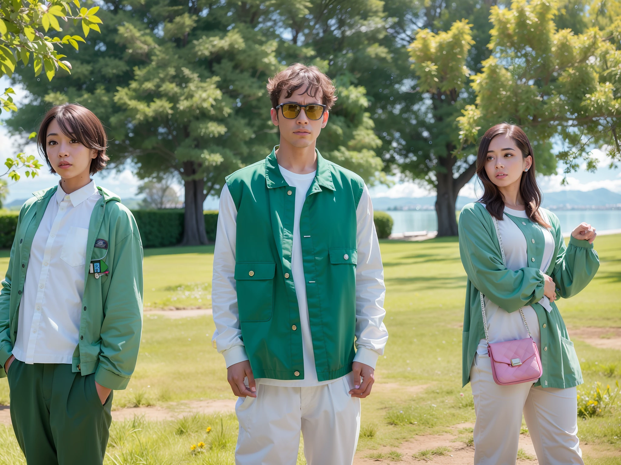 three people standing in a park with a lake in the background, key still, still from a live action movie, promo still, film promotional still, promotional still, photo 1 5 mm, movie promotional image, production still, still from the movie, sunny day, official fanart, uniform off - white sky, promotional picture, promotional movie still, photoshoot, spring day