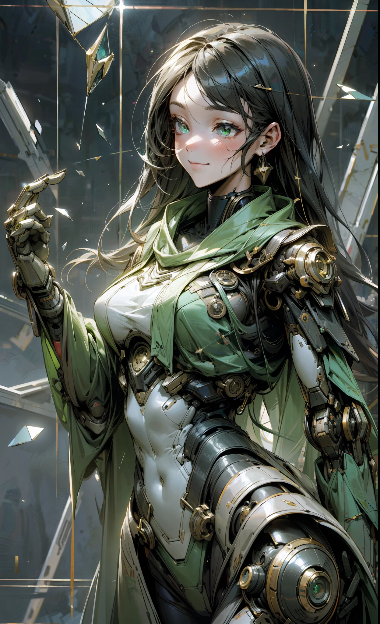 Best quality, masterpiece, highres, broken shards of glass, reflective, glitter, cool egdy, smile, woman, long hair, sexy, intricate, cinematic, macha, robotic, futuristic, advanced, perfect female anatomy, matrix, cybernetics, hydraulics, militaristic, cloths, robes, closeup