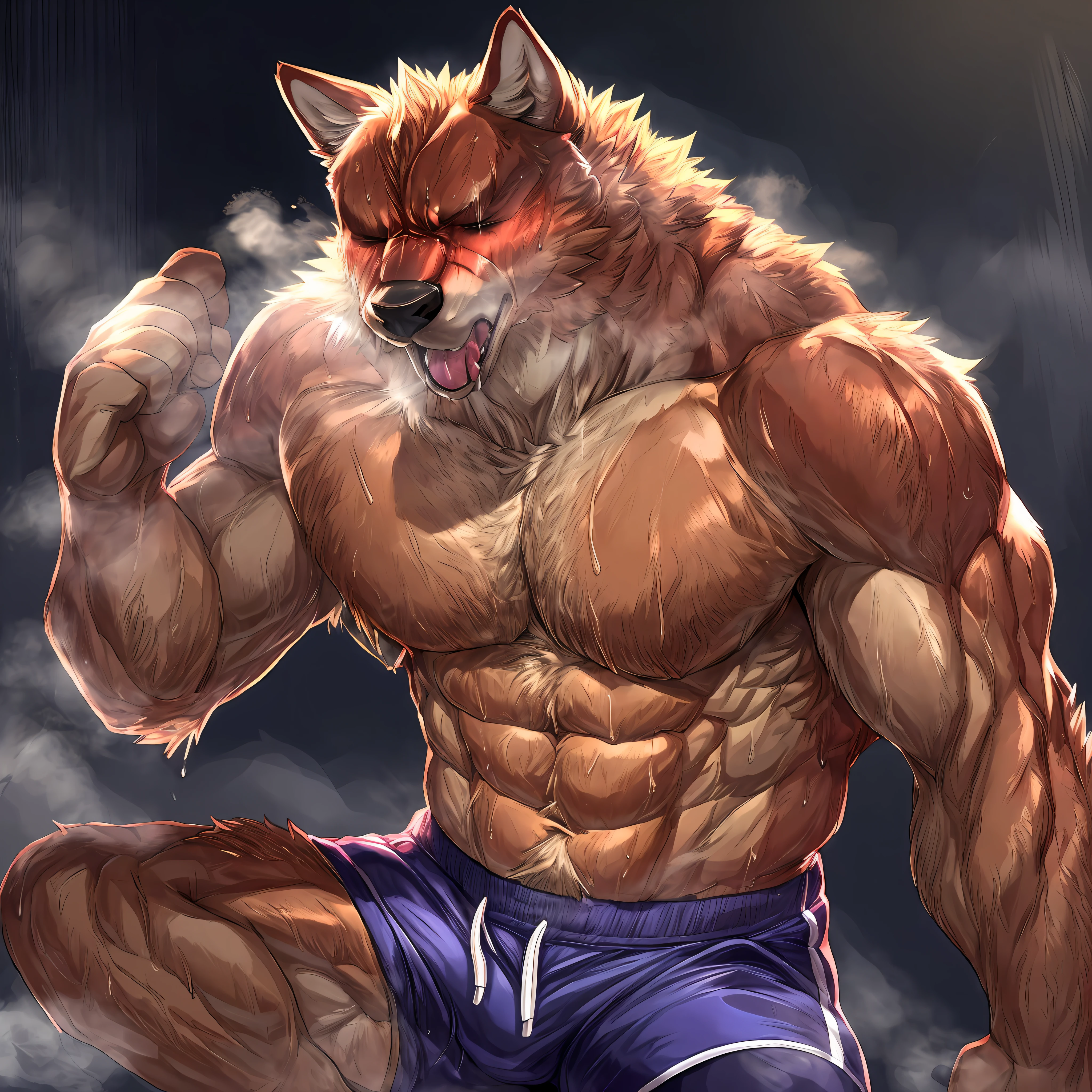 (anthropomorphic animal character:1.1), masculine build, muscular chest, muscular arms, flat stomach, correct anatomy, (exhausted and panting), steaming breath, (sweating+ sweats dripping), (breathless+ sweaty shorts), collapsed on his knees, (dramatic lighting)