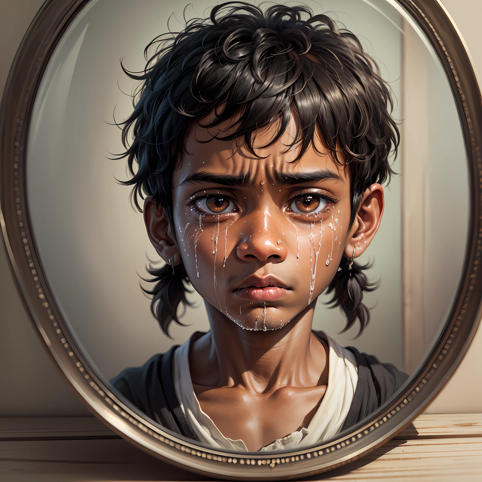 Ultra realistic, highly detailed, picture,1 boy , Black & ugly,an Indian boy, looking his face in mirror,sad due to his looks, crying,bec he looks ugly, emotional picture --auto --s2