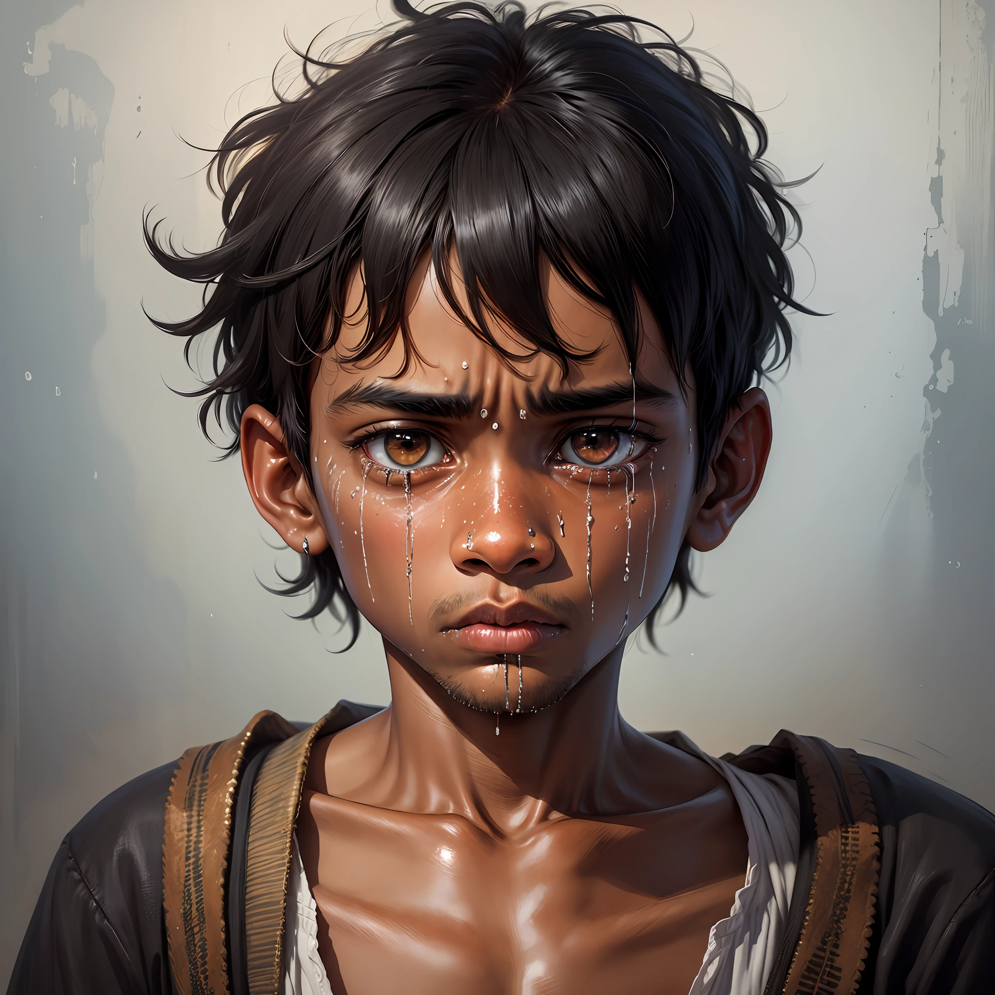 Ultra realistic, highly detailed, picture,1 boy , Black & ugly,an Indian boy, looking his face in mirror,sad due to his looks, crying,bec he looks ugly, emotional picture --auto --s2
