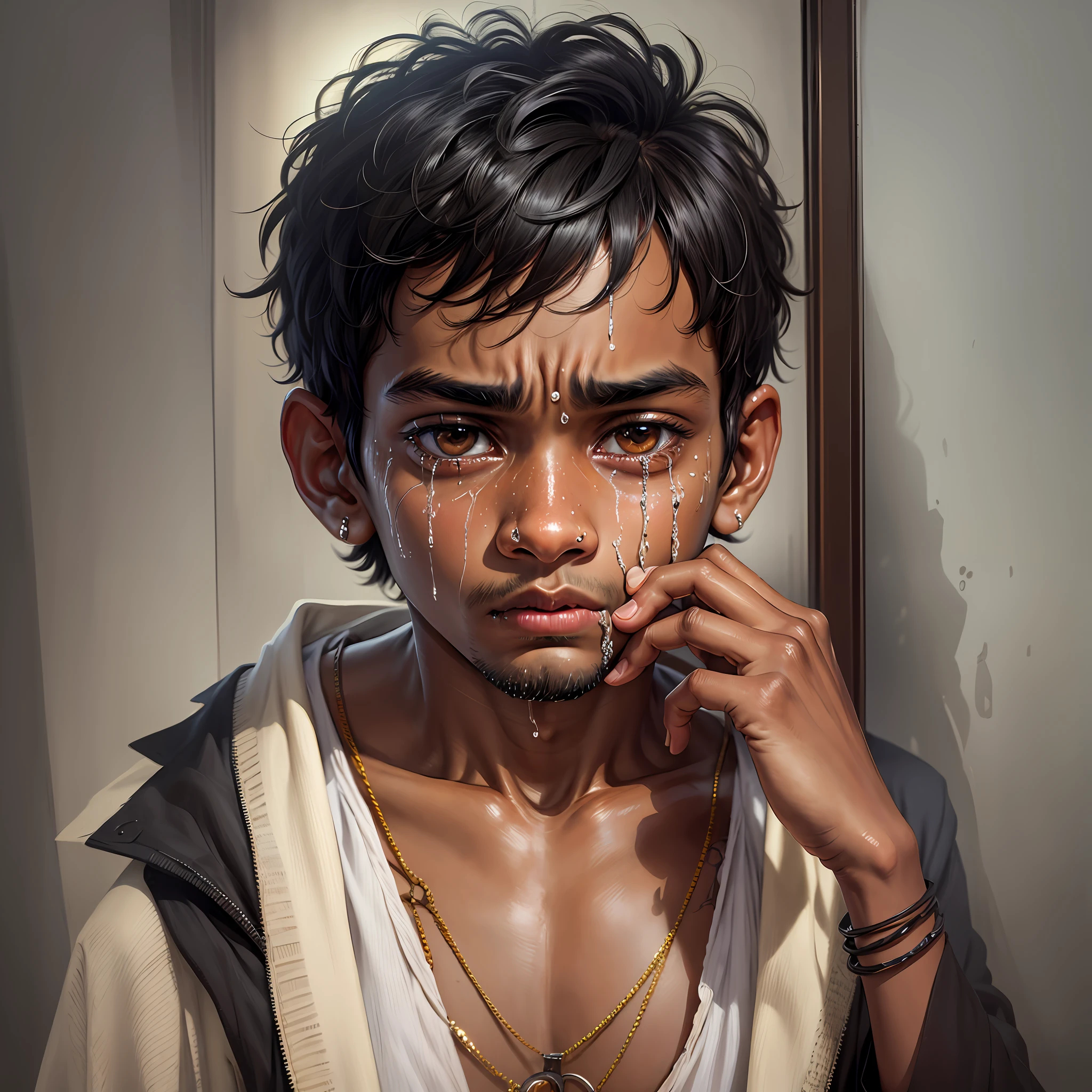 Ultra realistic, highly detailed, picture,1 boy , Black & ugly,an Indian boy, looking his face in mirror,sad due to his looks, crying,bec he looks ugly, emotional picture --auto --s2