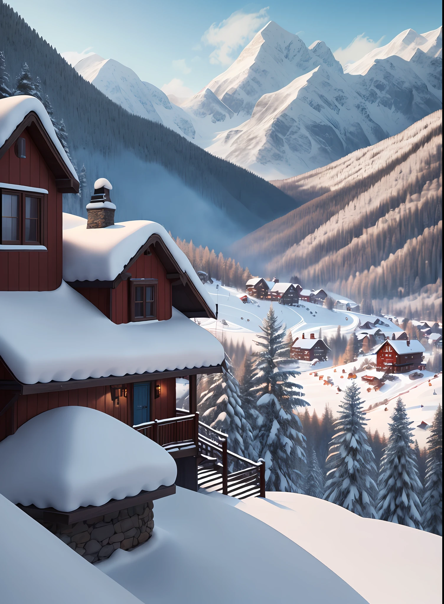 In a snow-covered mountain village, a small house is nestled between distant and near mountains. The white snowflakes are playing and falling gently among the miscellaneous trees, adding a touch of softness and haze to the whole picture. The cyan house and the red windows stand out against the white background, and they convey a little warmth to the world. The mountains in the distance blend into the blue sky, forming a harmonious and beautiful picture, which makes people feel the magic and charm of nature.