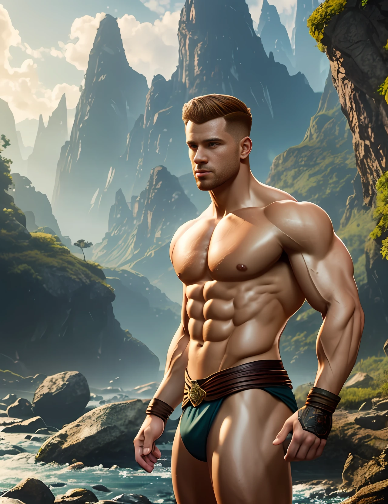 Stunningly light skin muscular ginger guy, walking near river, without clothes, sin camisa, with short hair quiff haircut, muscular body, cuerpo de Dios griego, small waist, beautiful d&d character portrait, dark fantasy, golden hour, ethereal, pixar, detailed, realistic face, digital portrait, intricate details, fiverr dnd character, wlop, artstation, hd, octane render, in the style of artgerm and rutkowski, beautiful landscape, realistic and natural, detailed full-color, nature, hd photography, perfect composition, gloss, hyperrealism --auto --s2
