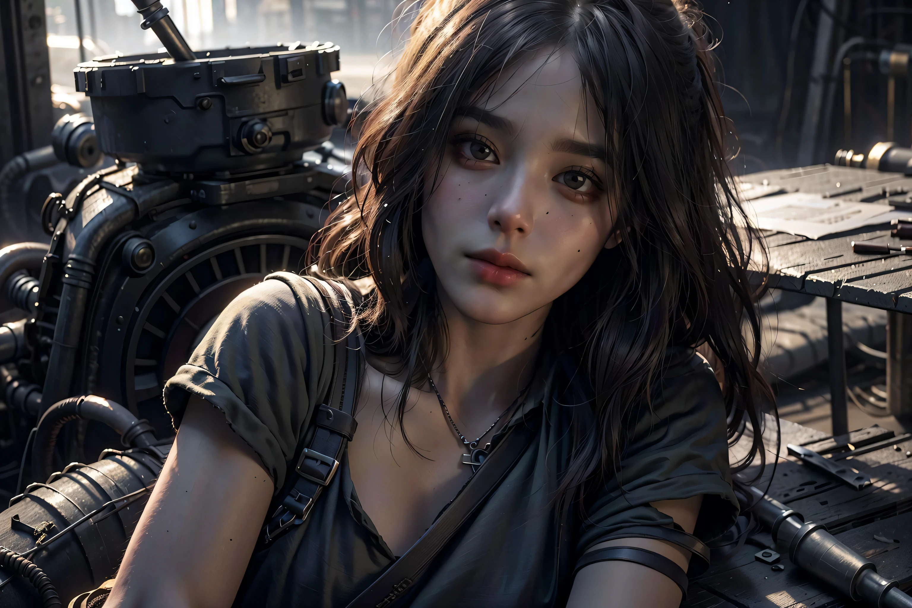 (RAW photo, best quality),(realistic, photo-realistic:1.3), extremely delicate and beautiful, Amazing, finely detail, masterpiece, ultra-detailed, highres, best shadow,intricate,depth of field,1girl, sitting, mad max style, dieselpunkai background, long hair,messy hair,(dramatic angle),sharp focus,