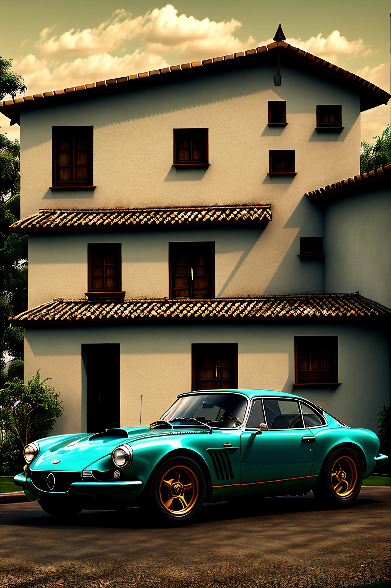 casa de fazenda moderna, stylish sports car parked in front of the garage, melhor qualidadade , High Resolution Full Screen Image 1.200 px por 566 px, in the proportion of 1,91:1. ultrarrealista