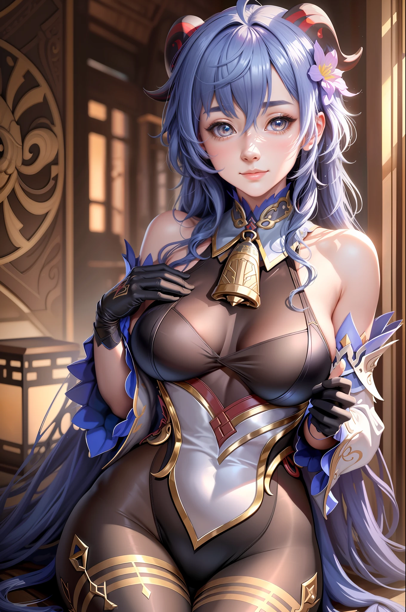 (photorealistic:1.4), (masterpiece, sidelighting, finely detailed beautiful eyes: 1.2), masterpiece*portrait, realistic, 3d face,
ganyu \(genshin impact\), 1girl, ahoge, architecture, bangs, bare shoulders, bell, black gloves, black pantyhose, (blue hair), blush, breasts, chinese knot, detached sleeves, flower knot, gloves, horns, long hair, looking at viewer, medium breasts, neck bell