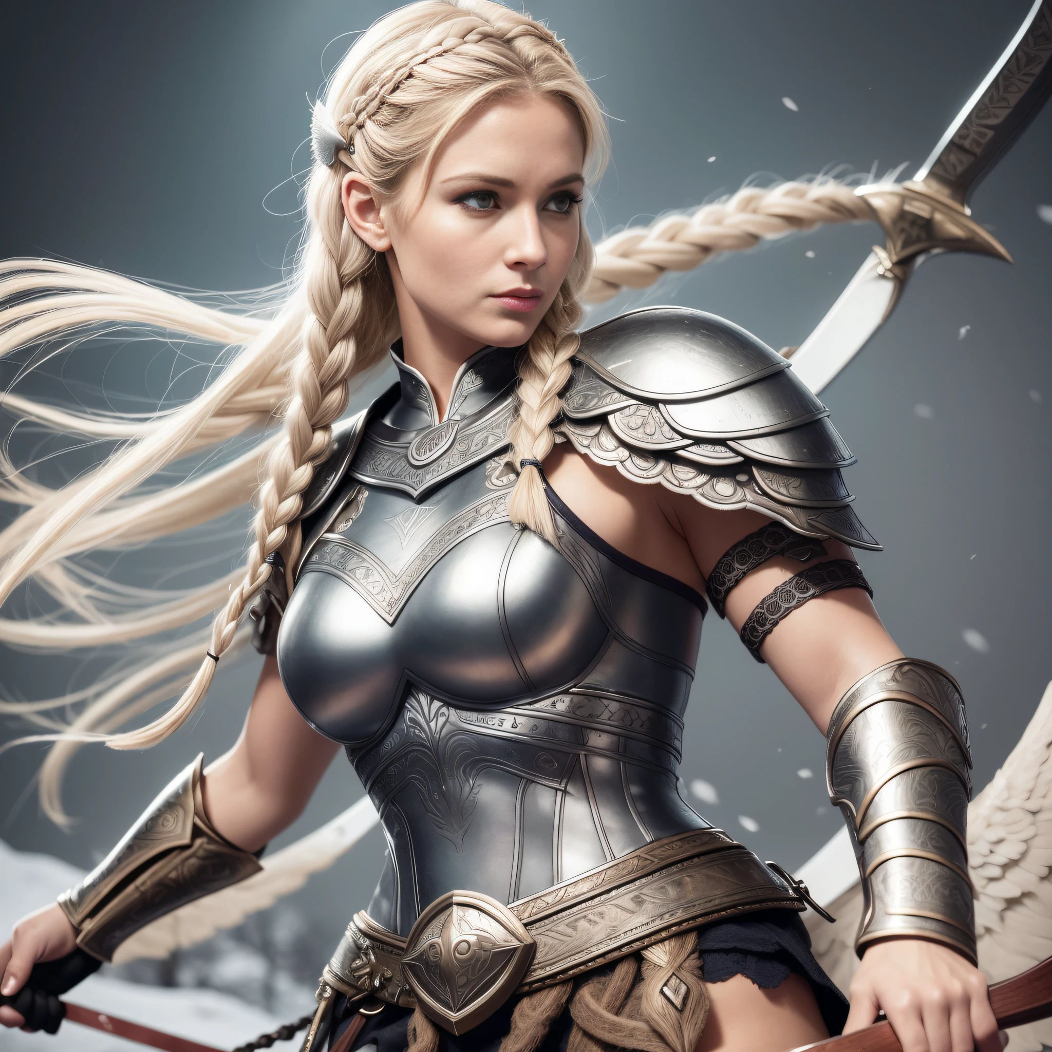 (obra maestra),realistic 35 year old woman, Una hermosa, hermosa, perfecta, athletic Nordic warrior goddess Valkyrie, Rubio platino con trenzas, piel blanca como la nieve, con espada y armadura vikinga, envuelta en una luz espiritual resplandeciente, con un semblante serio,