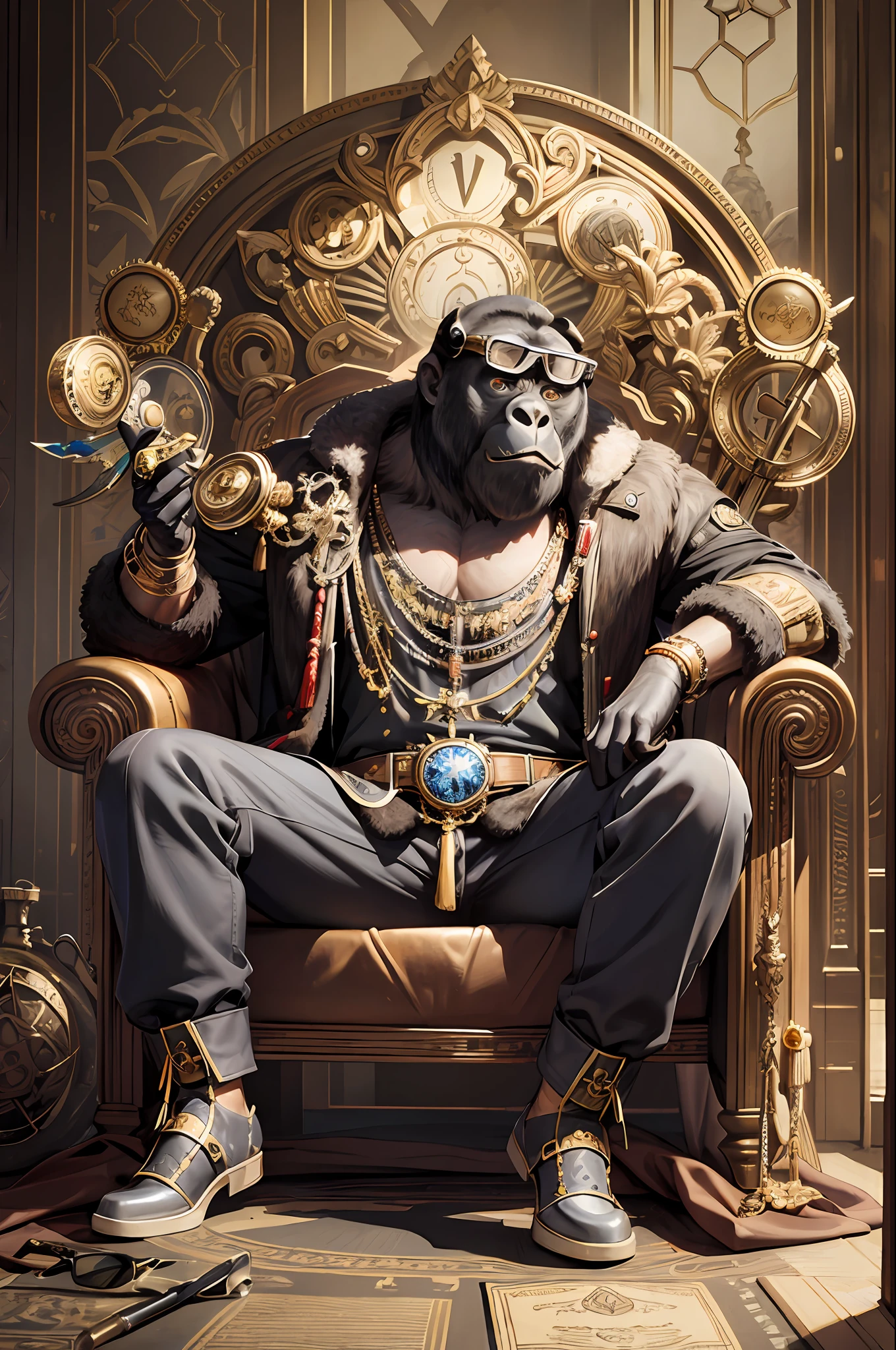 masterpiece, best quality, photorealistic ,fashionmonkey, gorilla, eyewear on head, gears, gem, goggles , gold, jewelry, magic circle,male_focus, owl, pants, shoes, sunglasses, tassel, throne,