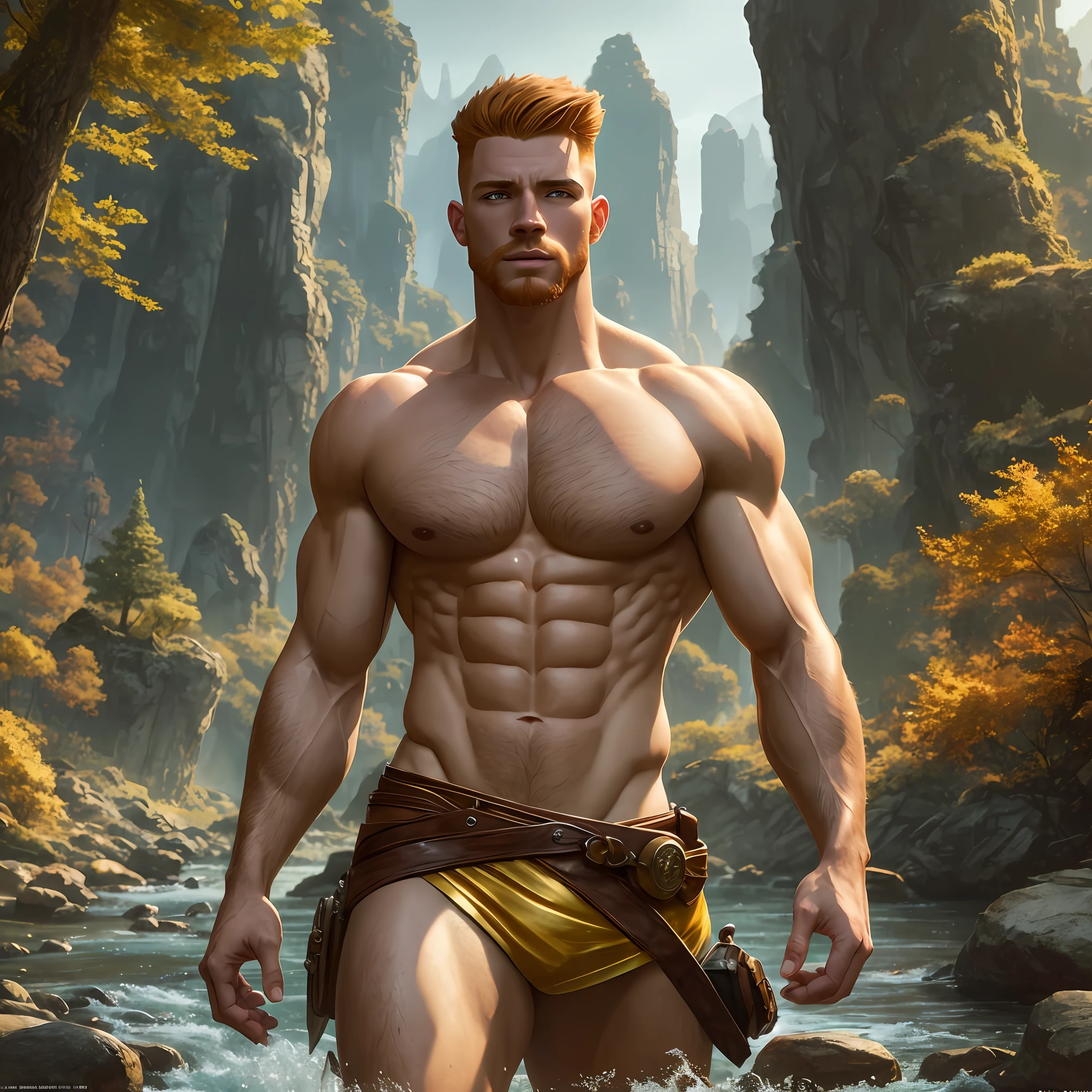 Stunningly light skin muscular ginger guy, walking near river, without clothes, sin camisa, with short hair quiff haircut, muscular body, cuerpo de Dios griego, small waist, beautiful d&d character portrait, dark fantasy, golden hour, ethereal, pixar, detailed, realistic face, digital portrait, intricate details, fiverr dnd character, wlop, artstation, hd, octane render, in the style of artgerm and rutkowski, beautiful landscape, realistic and natural, detailed full-color, nature, hd photography, perfect composition, gloss, hyperrealism --auto --s2