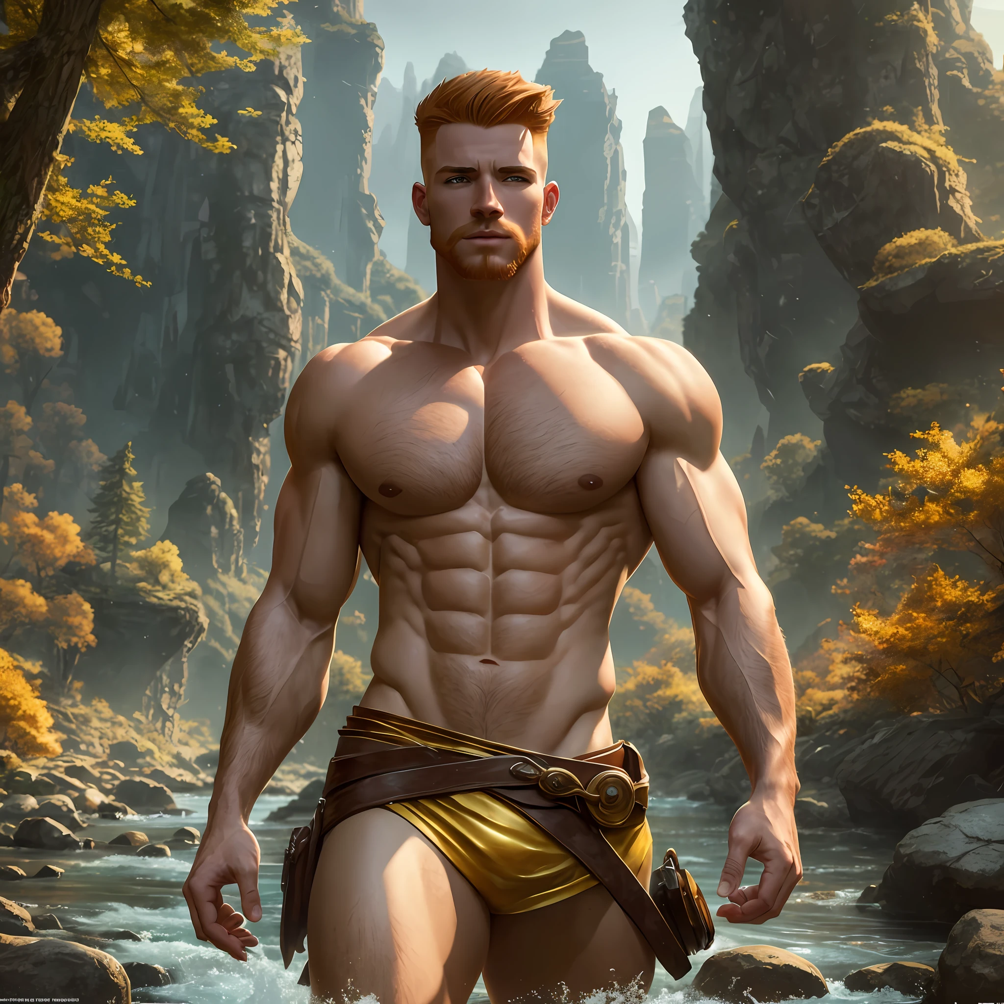 Stunningly light skin muscular ginger guy, walking near river, without clothes, sin camisa, with short hair quiff haircut, muscular body, cuerpo de Dios griego, small waist, beautiful d&d character portrait, dark fantasy, golden hour,  ethereal, pixar, detailed, realistic face, digital portrait, intricate details, fiverr dnd character, wlop, artstation, hd, octane render, in the style of artgerm and rutkowski, beautiful landscape, realistic and natural, detailed full-color,  nature, hd photography,  perfect composition,  gloss,  hyperrealism --auto --s2