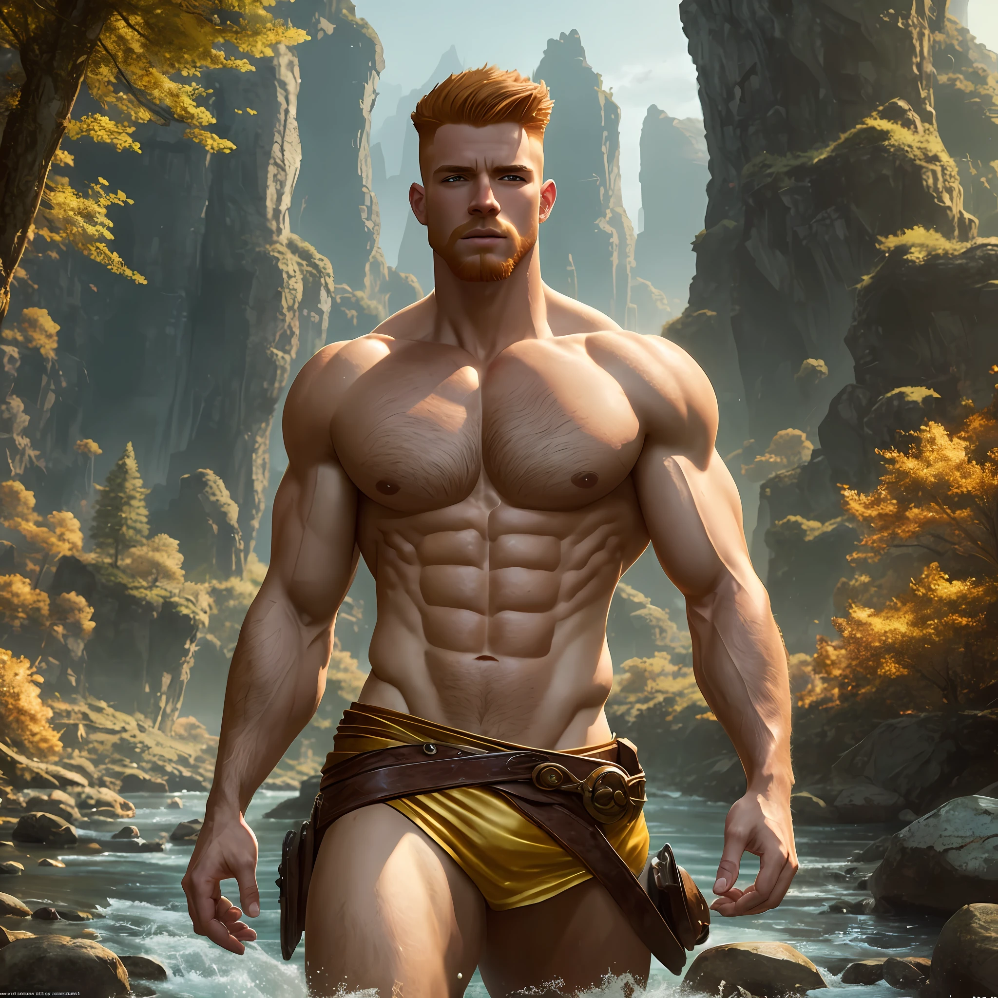 Stunningly light skin muscular ginger guy, walking near river, without clothes, sin camisa, with short hair quiff haircut, muscular body, cuerpo de Dios griego, small waist, beautiful d&d character portrait, dark fantasy, golden hour, ethereal, pixar, detailed, realistic face, digital portrait, intricate details, fiverr dnd character, wlop, artstation, hd, octane render, in the style of artgerm and rutkowski, beautiful landscape, realistic and natural, detailed full-color, nature, hd photography, perfect composition, gloss, hyperrealism --auto --s2