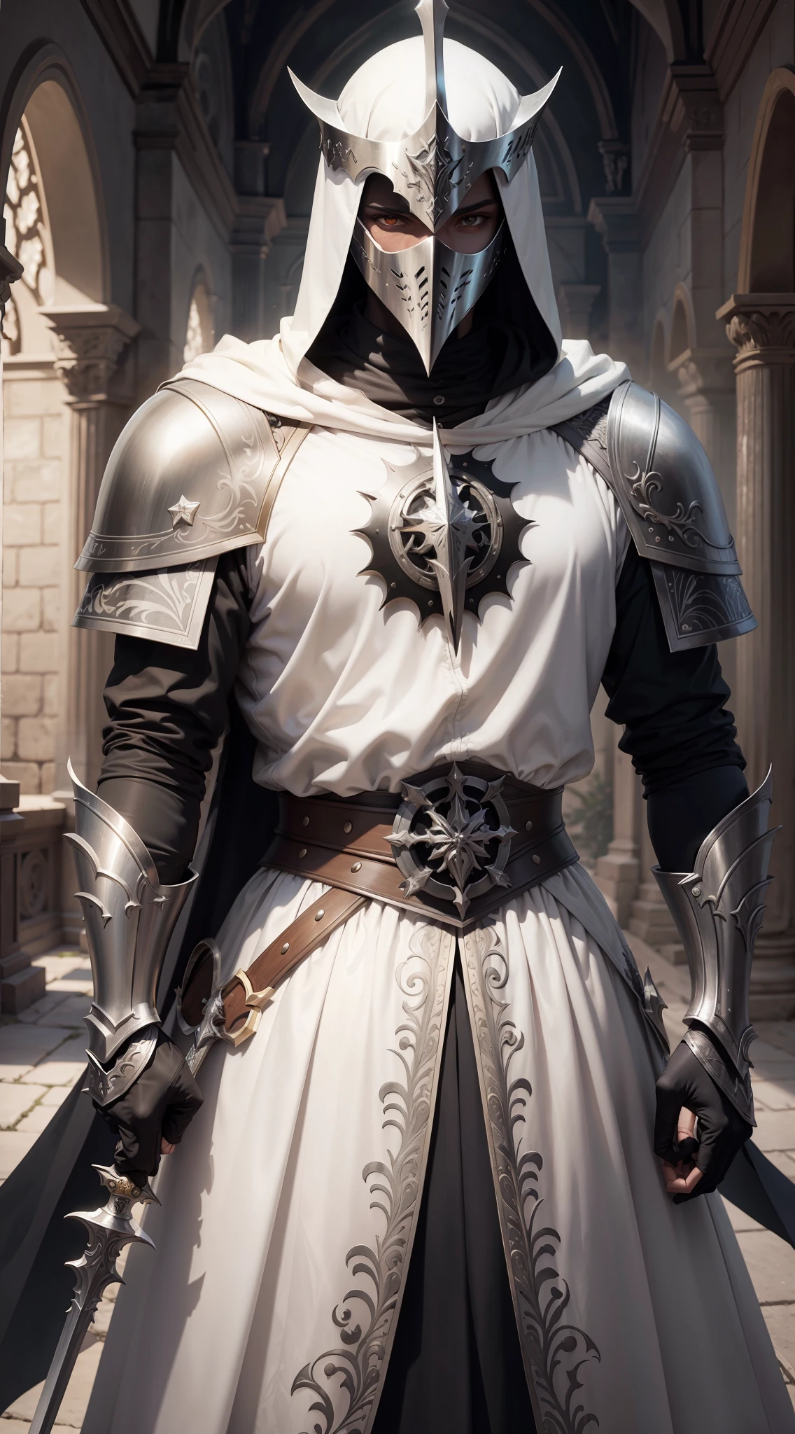 Sacerdote, armadura de couro, veste intrincada, preto, adaga, furtivo, Daemons, espada nas costas, Espada Cruzada, inimigos, fico no padre, acampamento no fundo, inferno, luz, brilho, hiper realismo, hiper detalhado, 16K, obra prima --auto --s2