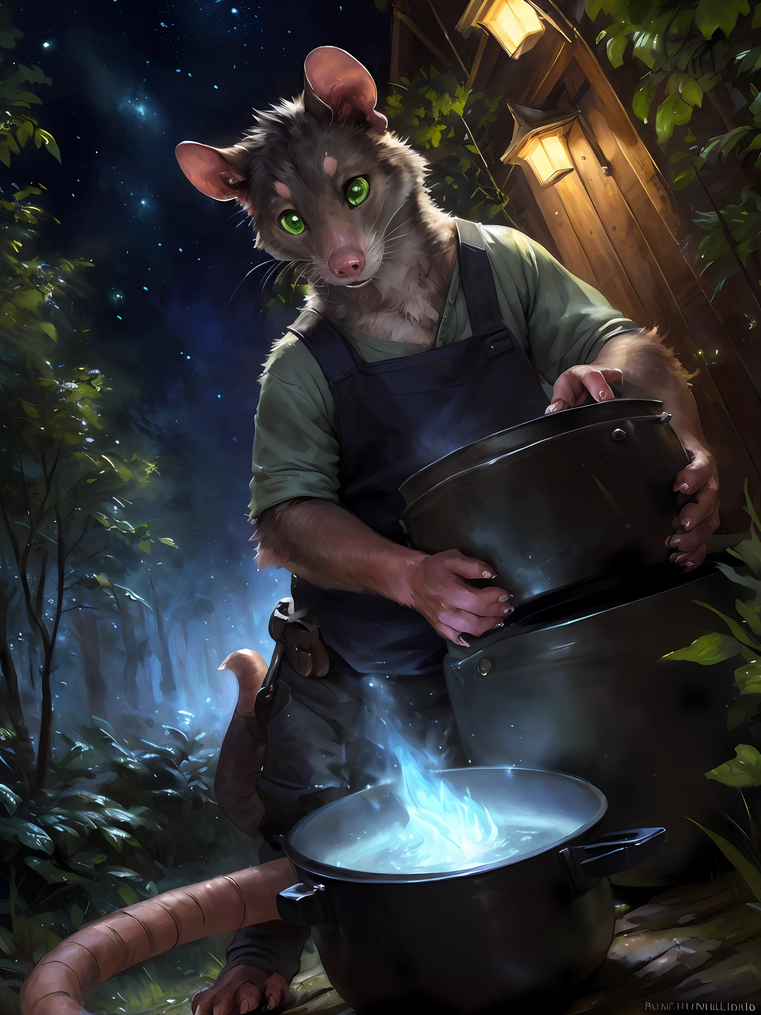 solo, male, (slim), (male anthro possum):1.3, grey body, white belly, (inside a cook pot):1.3, (kemono:1.4)
(inside a big black pot),
detailed eyes, possum tail, covered in vegetables ((body portrait)), 
, (detailed eyes, green eyes, glowing eyes):1.1,
(outdoors:1.35),  giant cook pot, forest, candle, night, (particles ,firefly, blue glowing):1.3, 
detailed background, photorealistic, realistic hands, 8k HD,
(dark shadows, wide dynamic range, hdr, low light:1.2),
by (by Pino Daeni, (by ruaidri), (by virtyalfobo), (by Kenket).