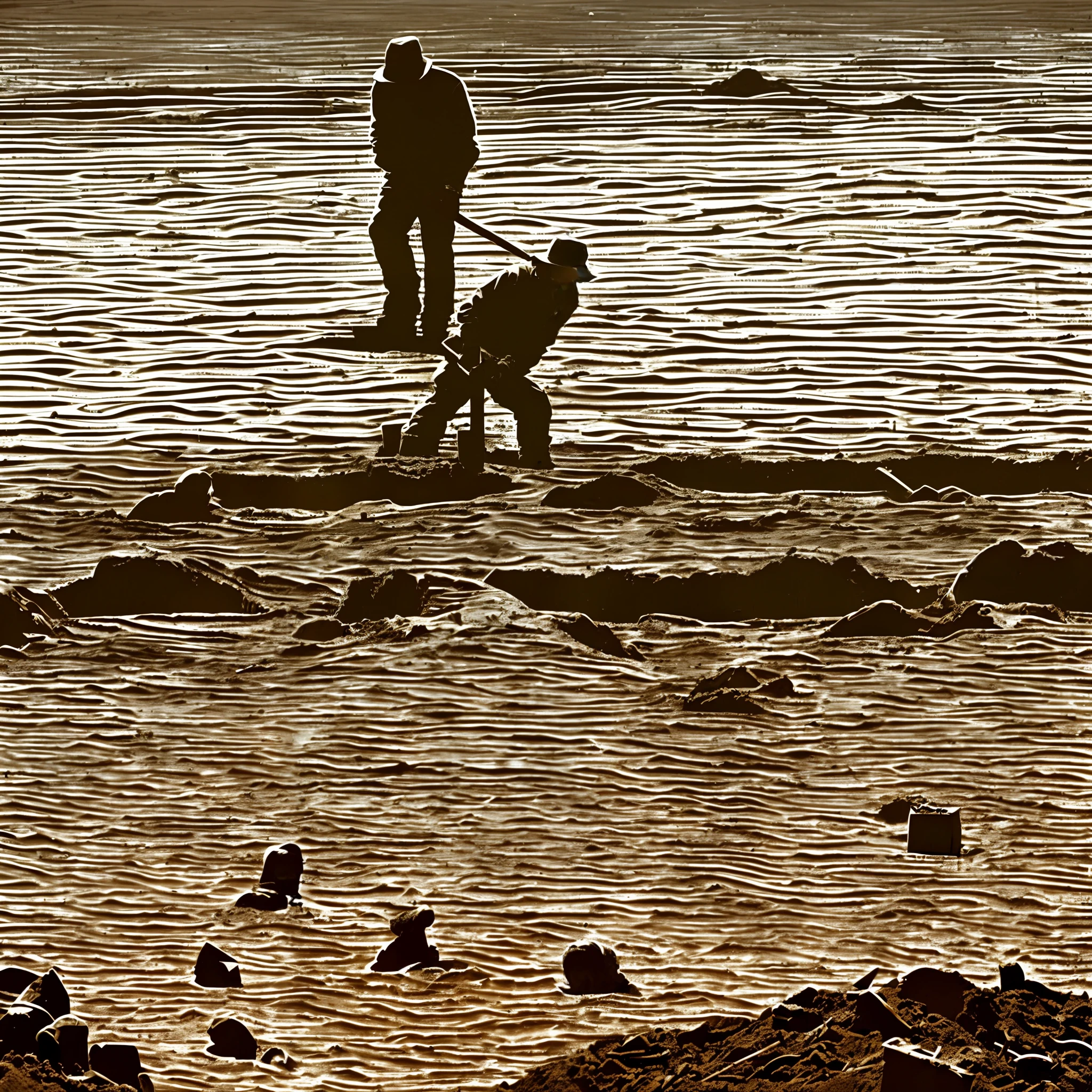 there is a man digging in the dirt with a shovel, a photo by Ken Elias, flickr, dada, digging, sebastiao salgado, stuck in mud, dead bodies in mud, mud, bathing inside the tar pit, pulitzer prize for photography, 4 0 k, 40k, soil, dug stanat, archeologial dig setting, archeology