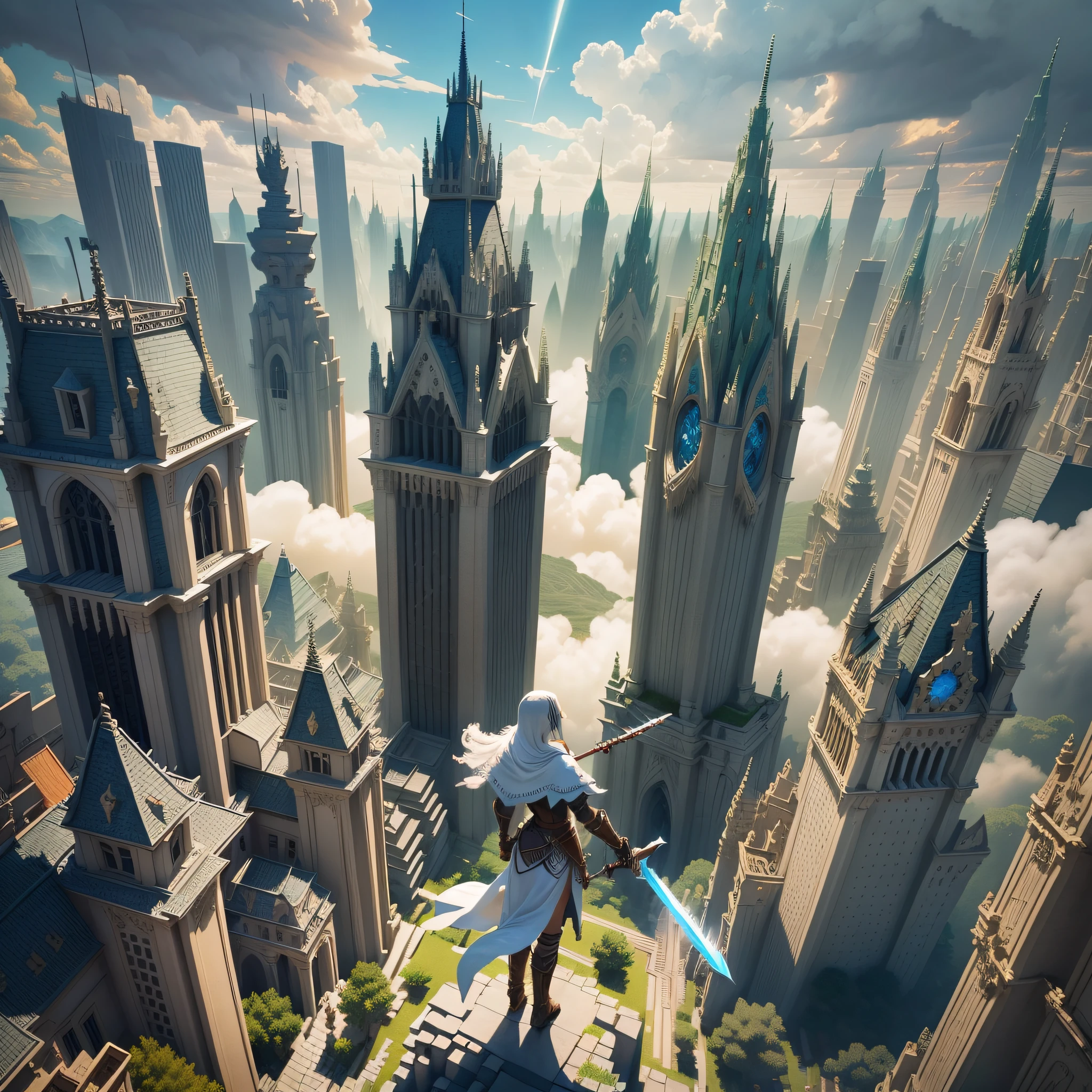 Please create a character in Minecraft who gracefully traverses between realms upon ethereal clouds, brandishing a sword in hand. Let this vision embody the concept that "Imagination is the most formidable instrument for crafting extraordinary realms." --auto --s2
